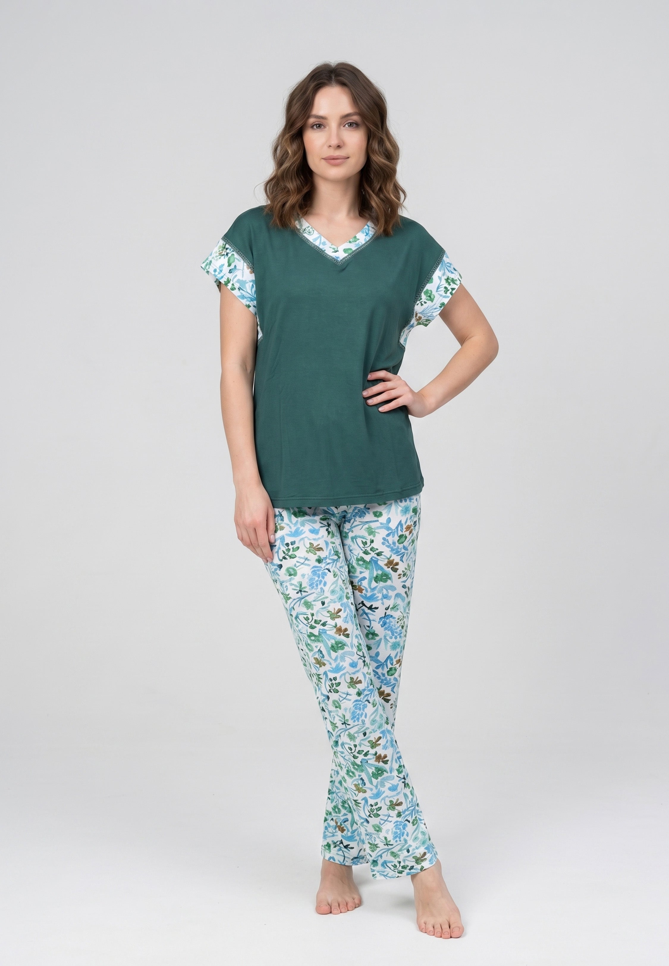 Ensemble Pyjama Femme Col V Manches Fleuries Pantalon Long