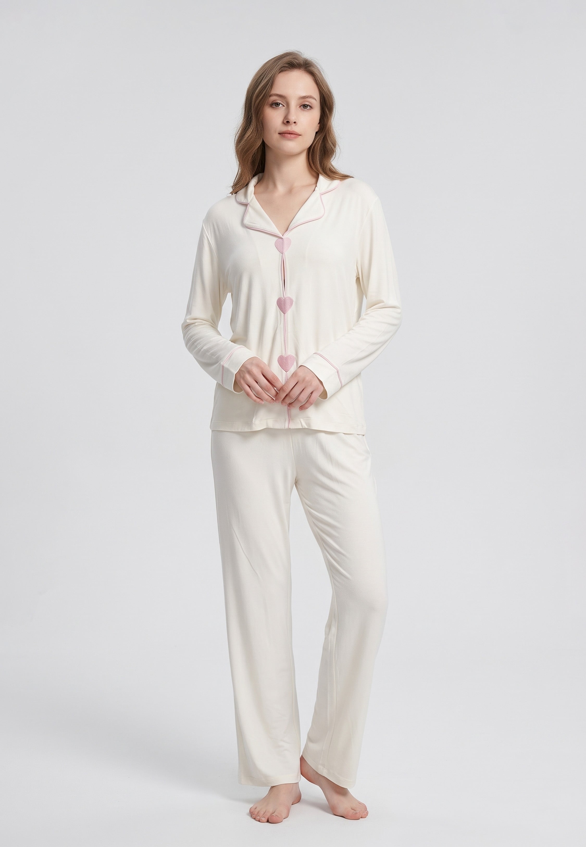 Ensemble pyjama écru à cœurs roses Rosabella