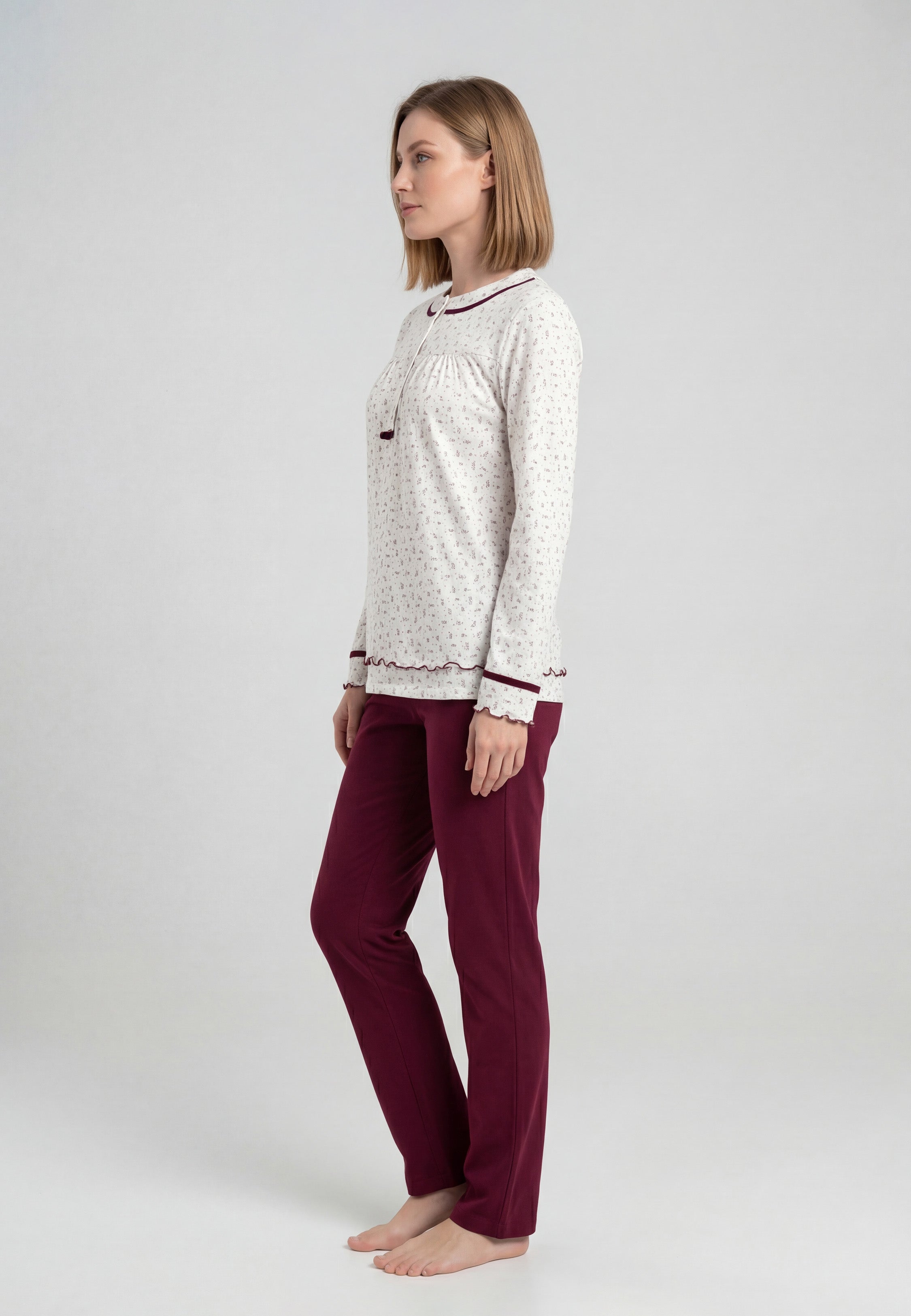 Pyjama Femme Bordeaux en Coton avec Haut Imprimé