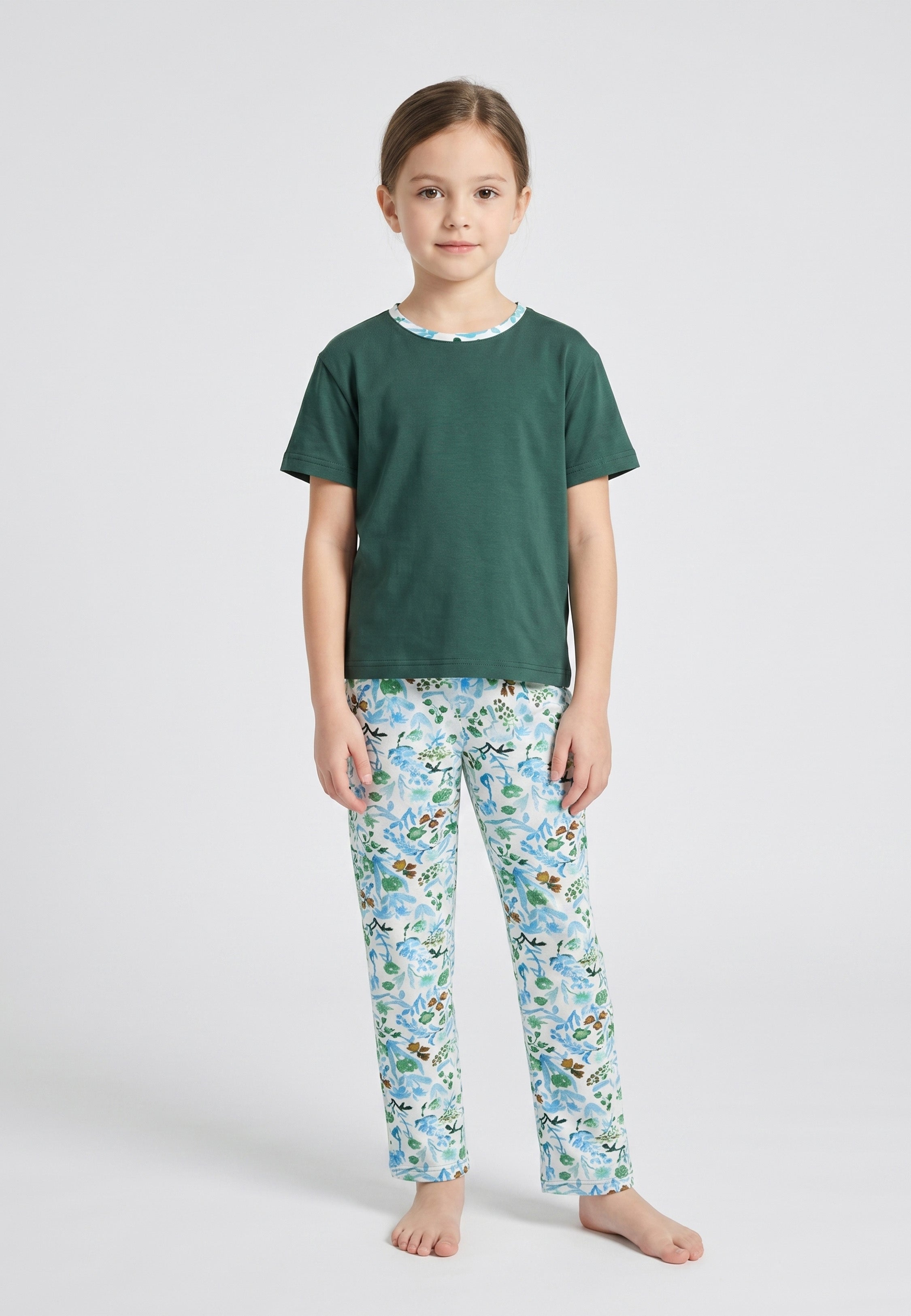 Ensemble Pyjama Fille Col Rond Liseré Fleuri Pantalon Long