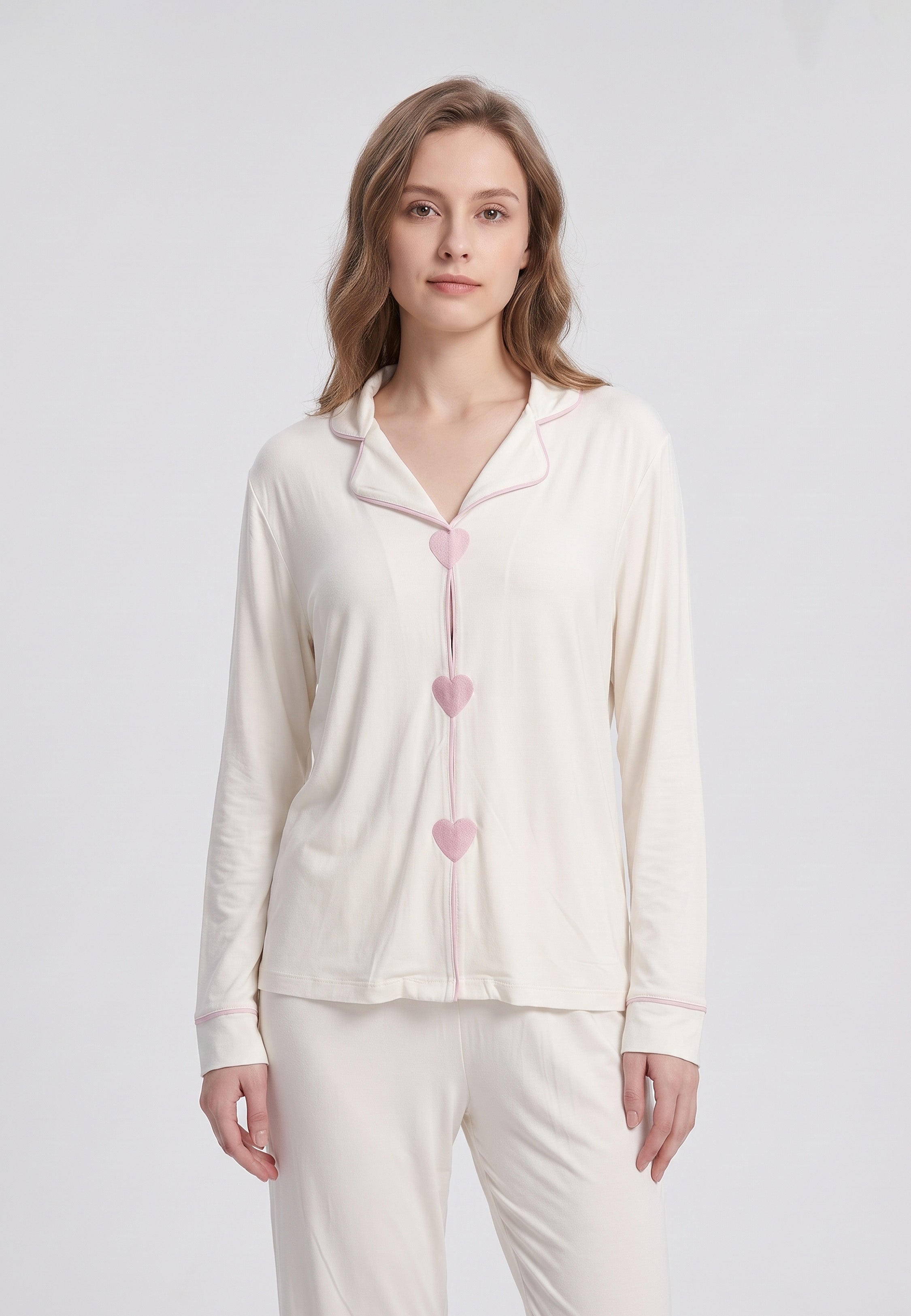 Ensemble pyjama écru à cœurs roses Rosabella