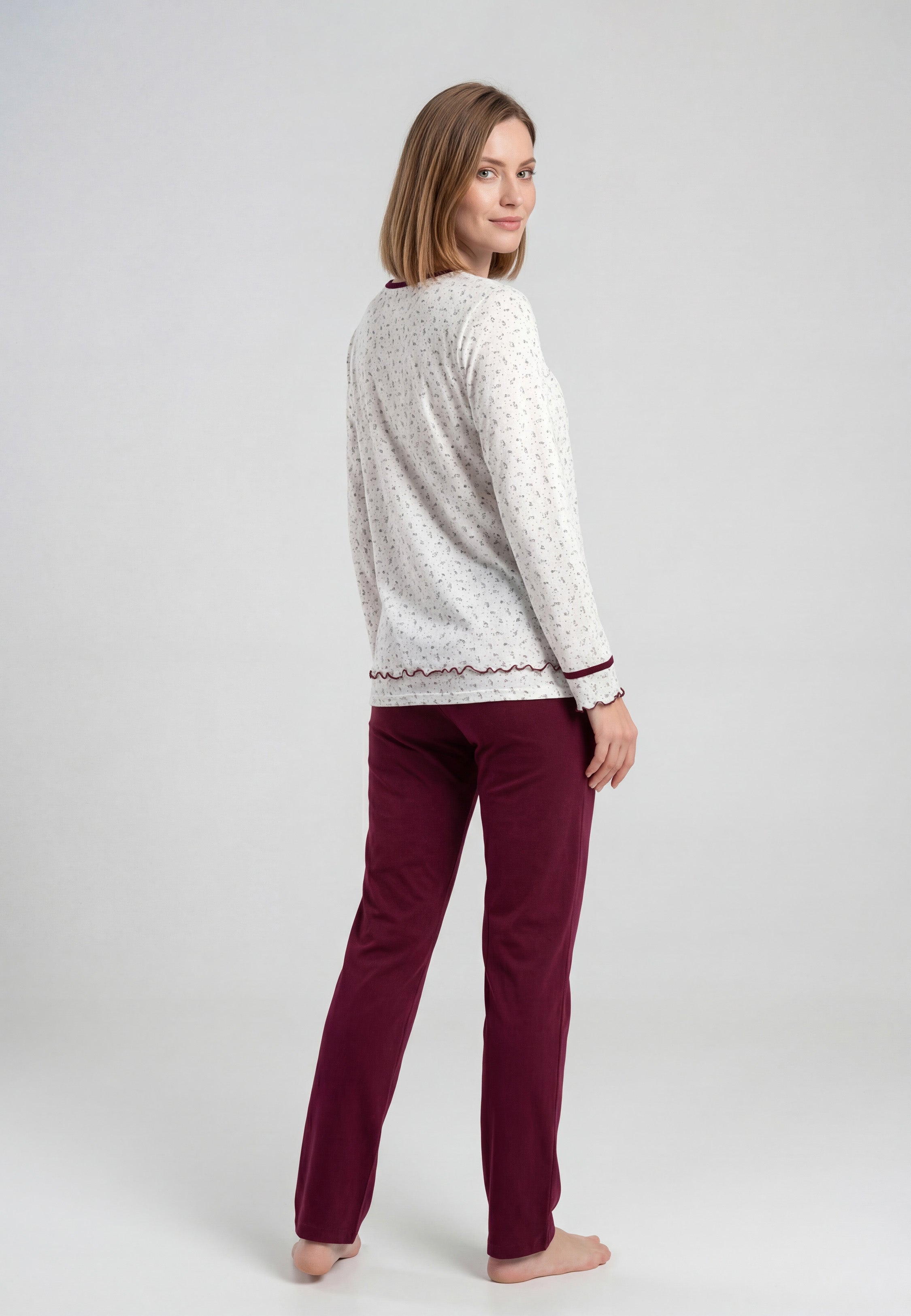 Pyjama Femme Bordeaux en Coton avec Haut Imprimé