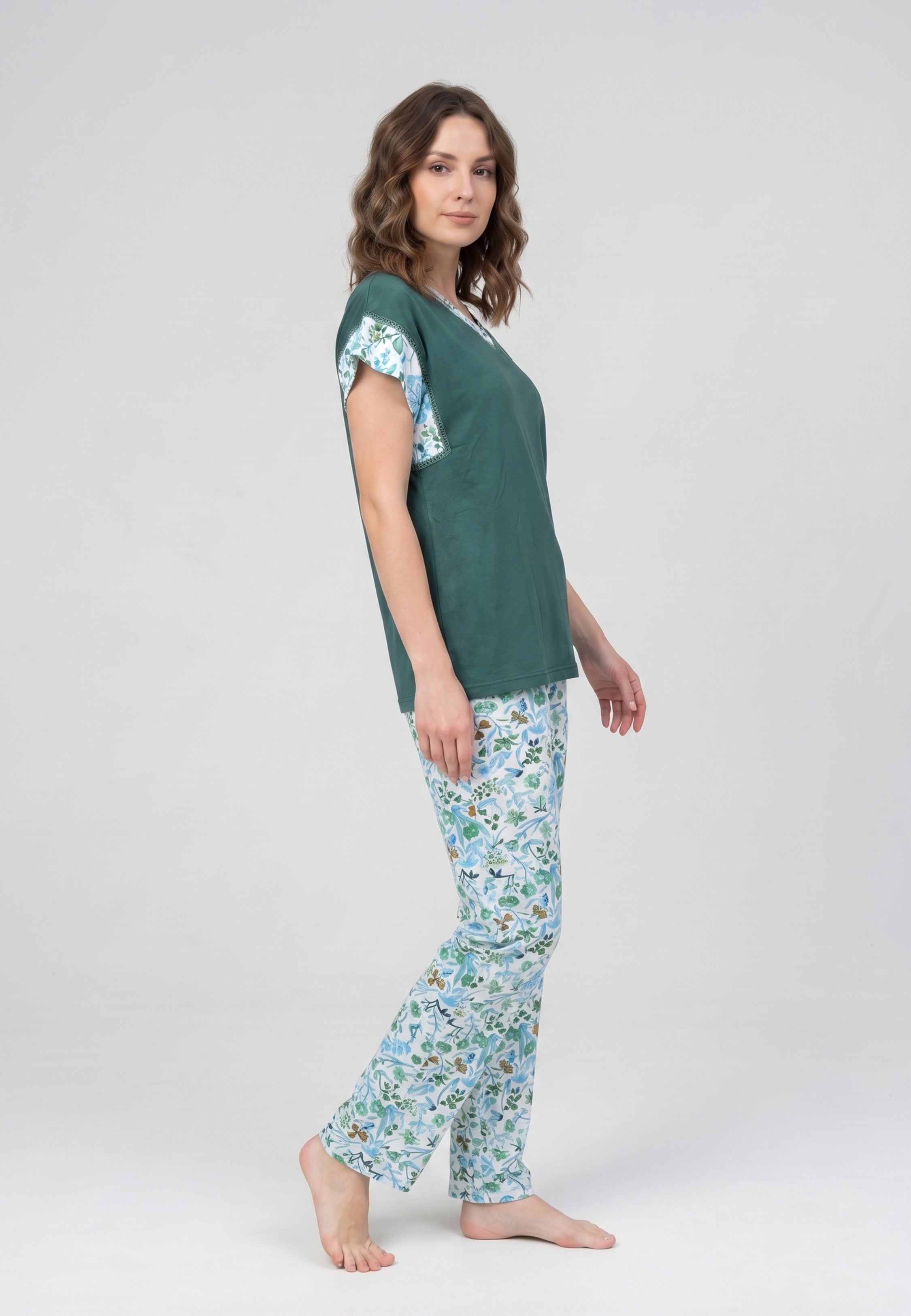 Ensemble Pyjama Femme Col V Manches Fleuries Pantalon Long