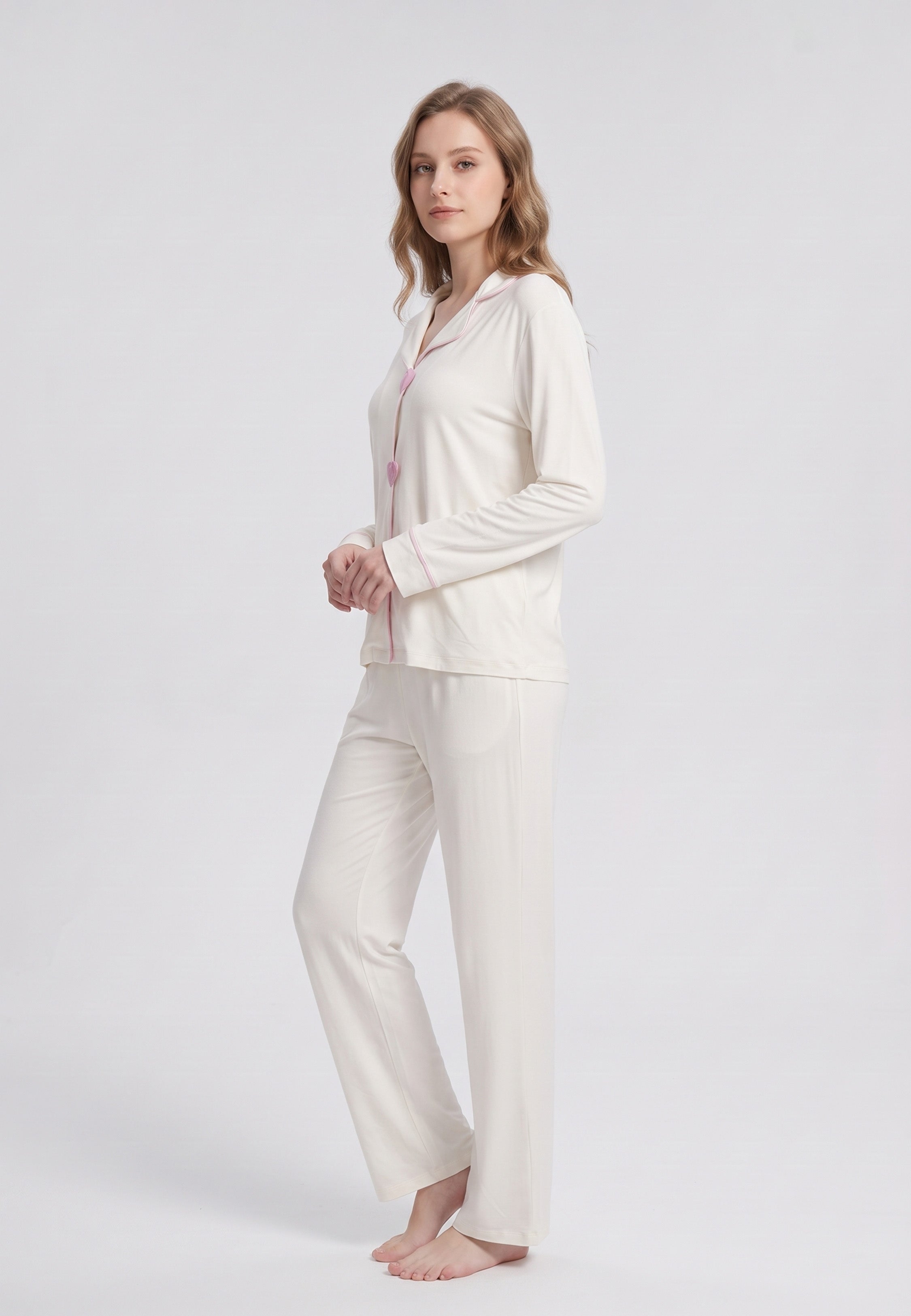 Ensemble pyjama écru à cœurs roses Rosabella