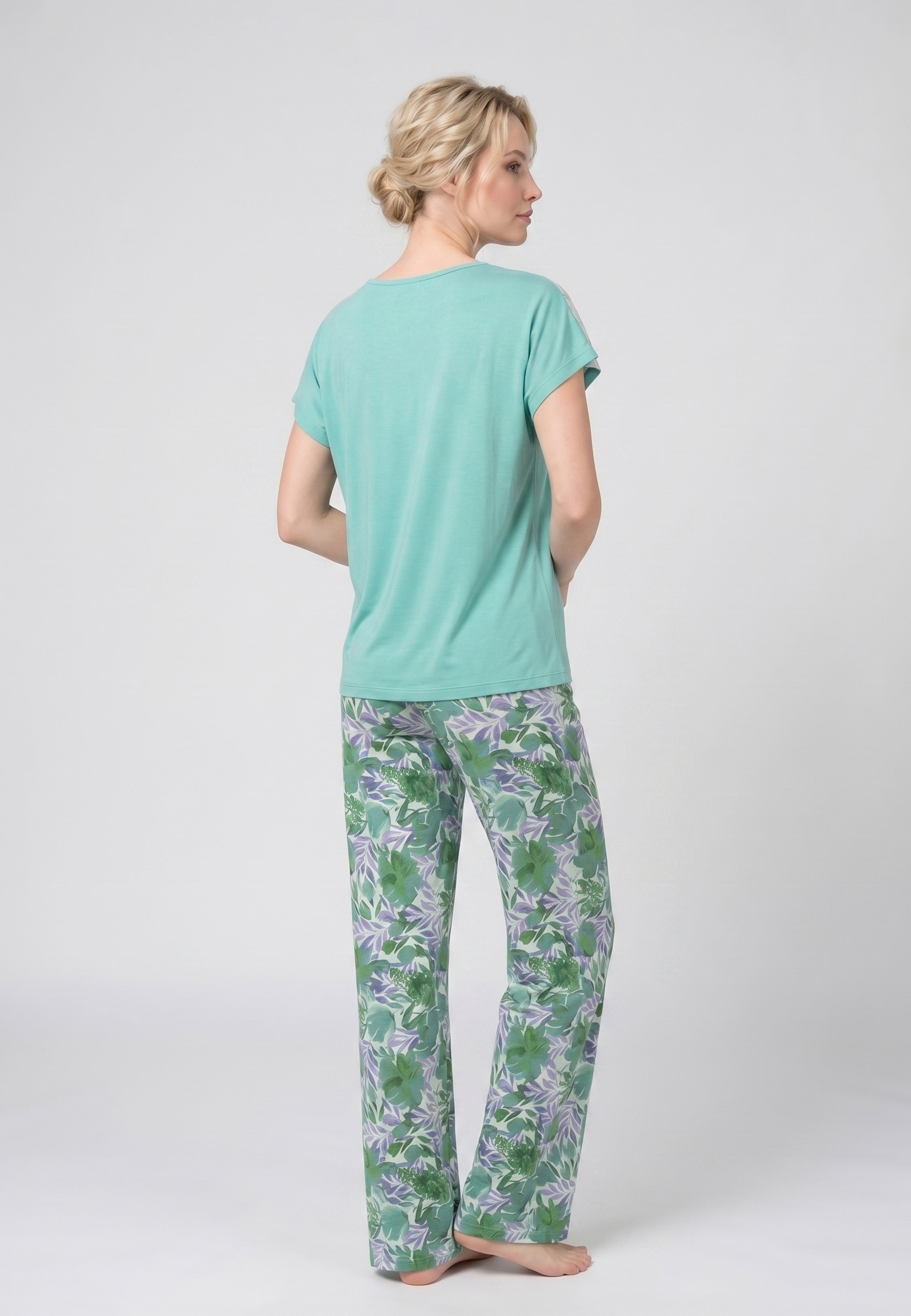 Pyjama T-Shirt Empiècement Dentelle & Pantalon Fleuri
