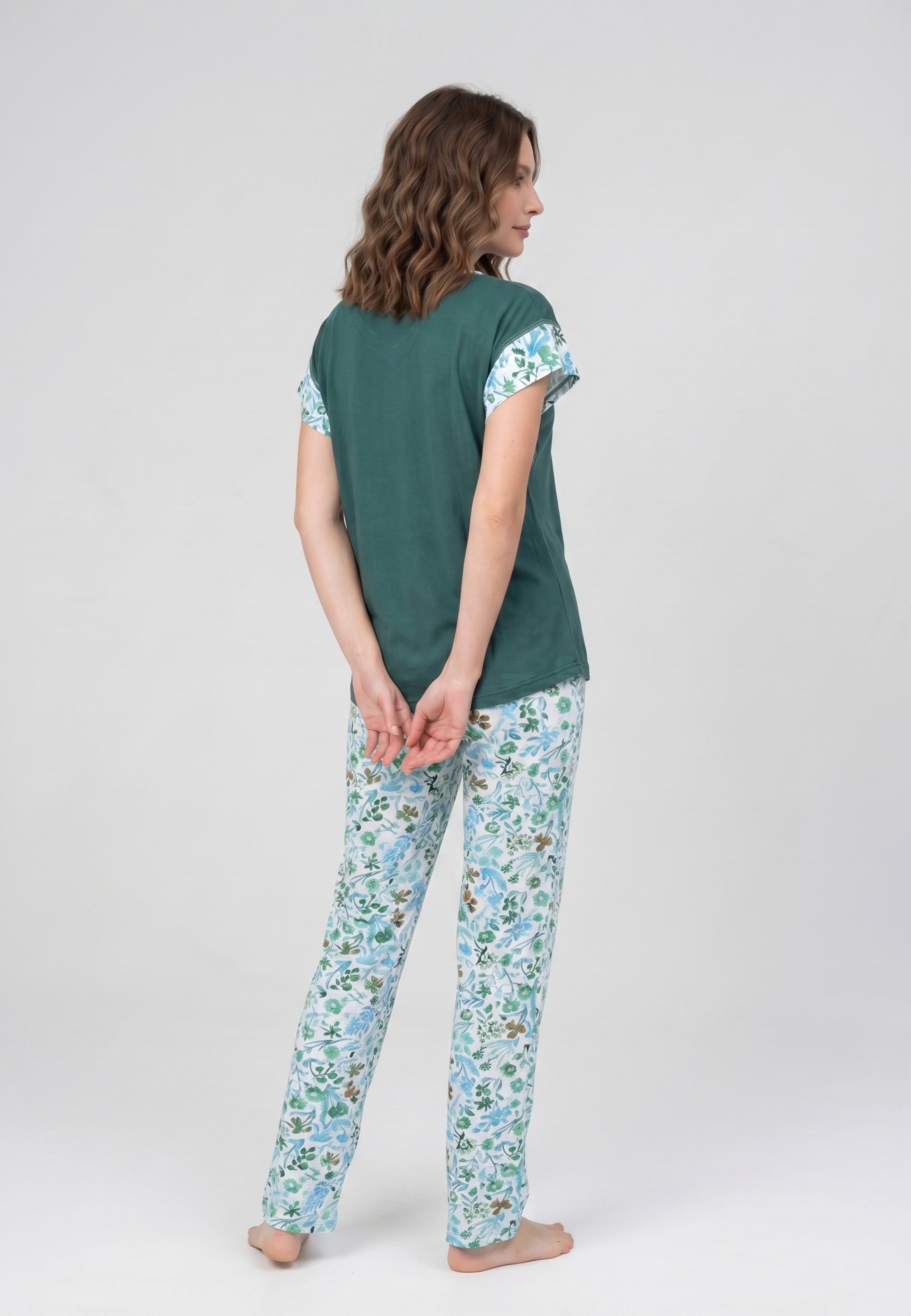 Ensemble Pyjama Femme Col V Manches Fleuries Pantalon Long