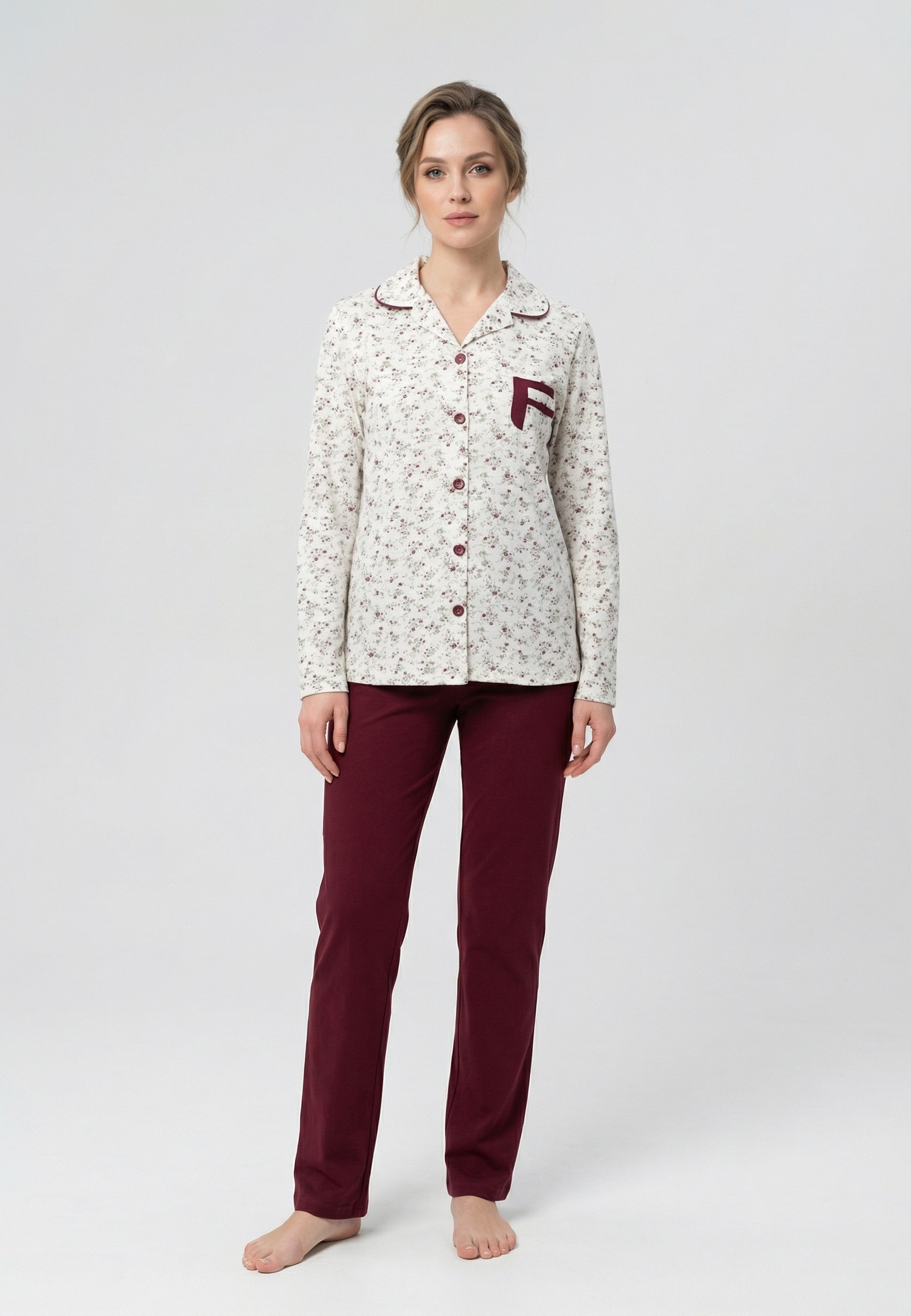 Ensemble Pyjama Femme Fleuri avec Pantalon Uni