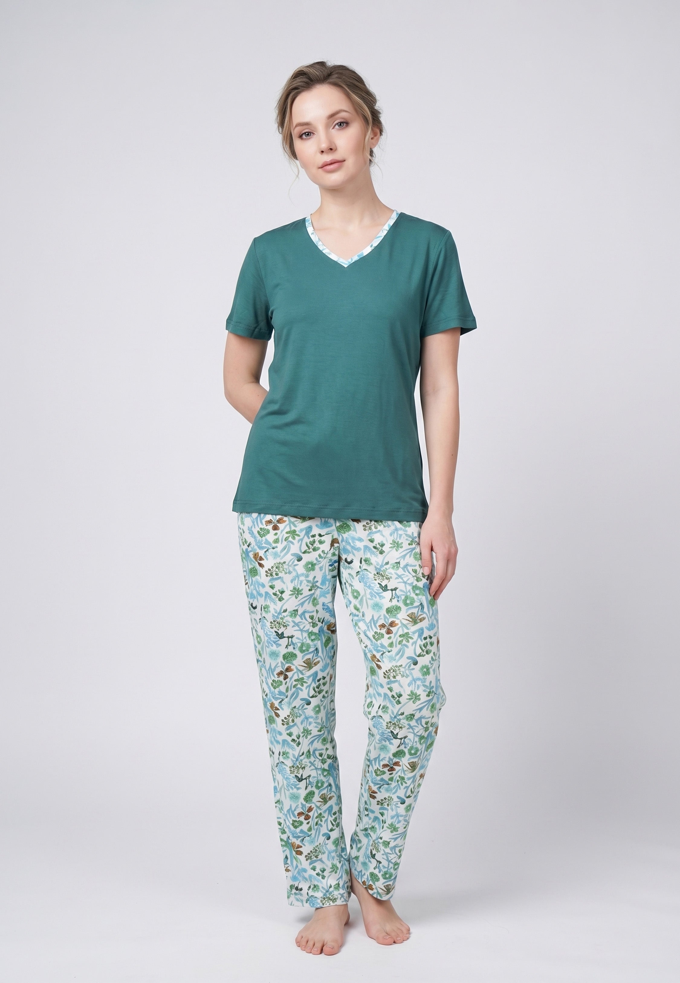 Ensemble Pyjama Femme Col V Liseré Pantalon Long