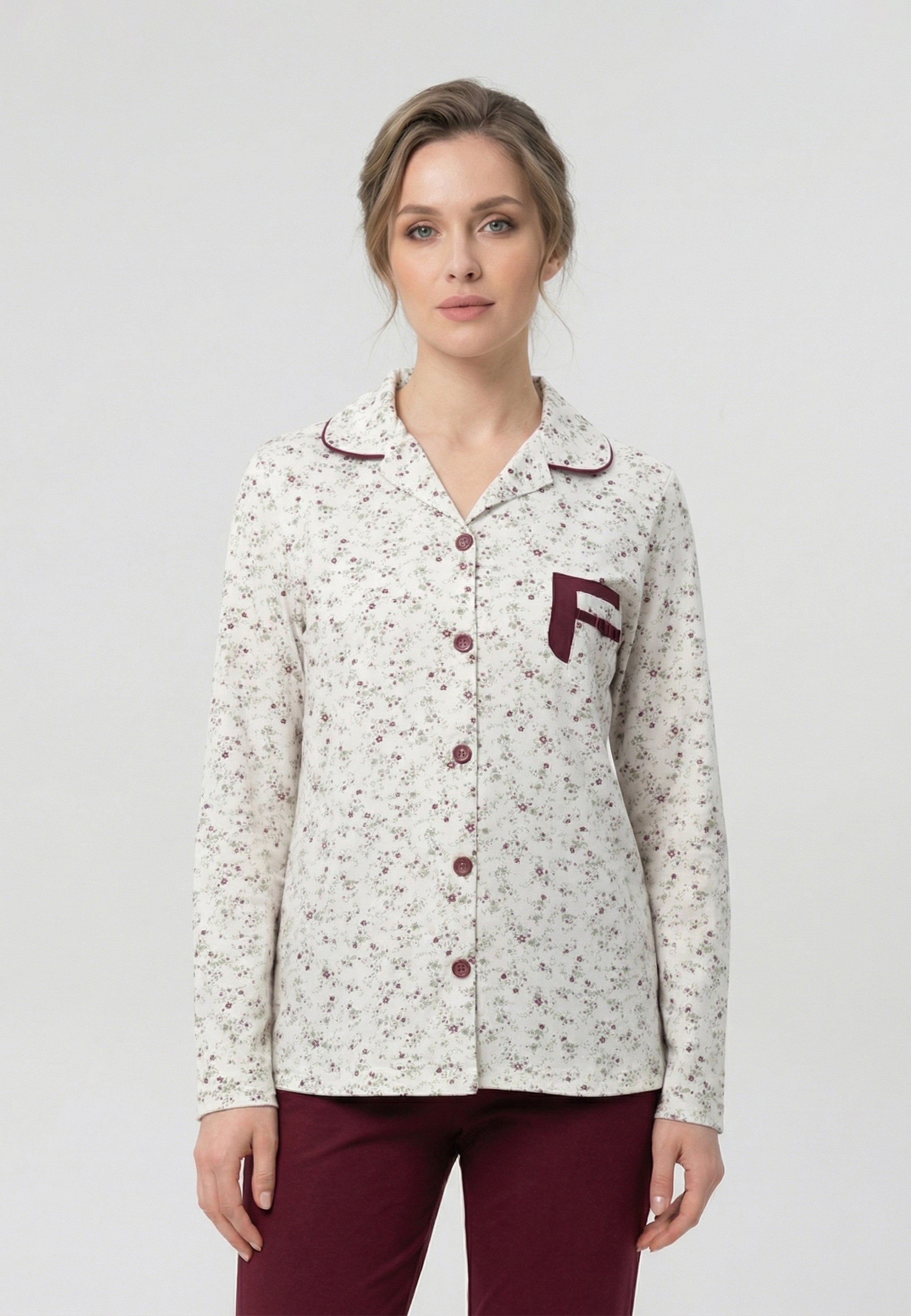 Ensemble Pyjama Femme Fleuri avec Pantalon Uni