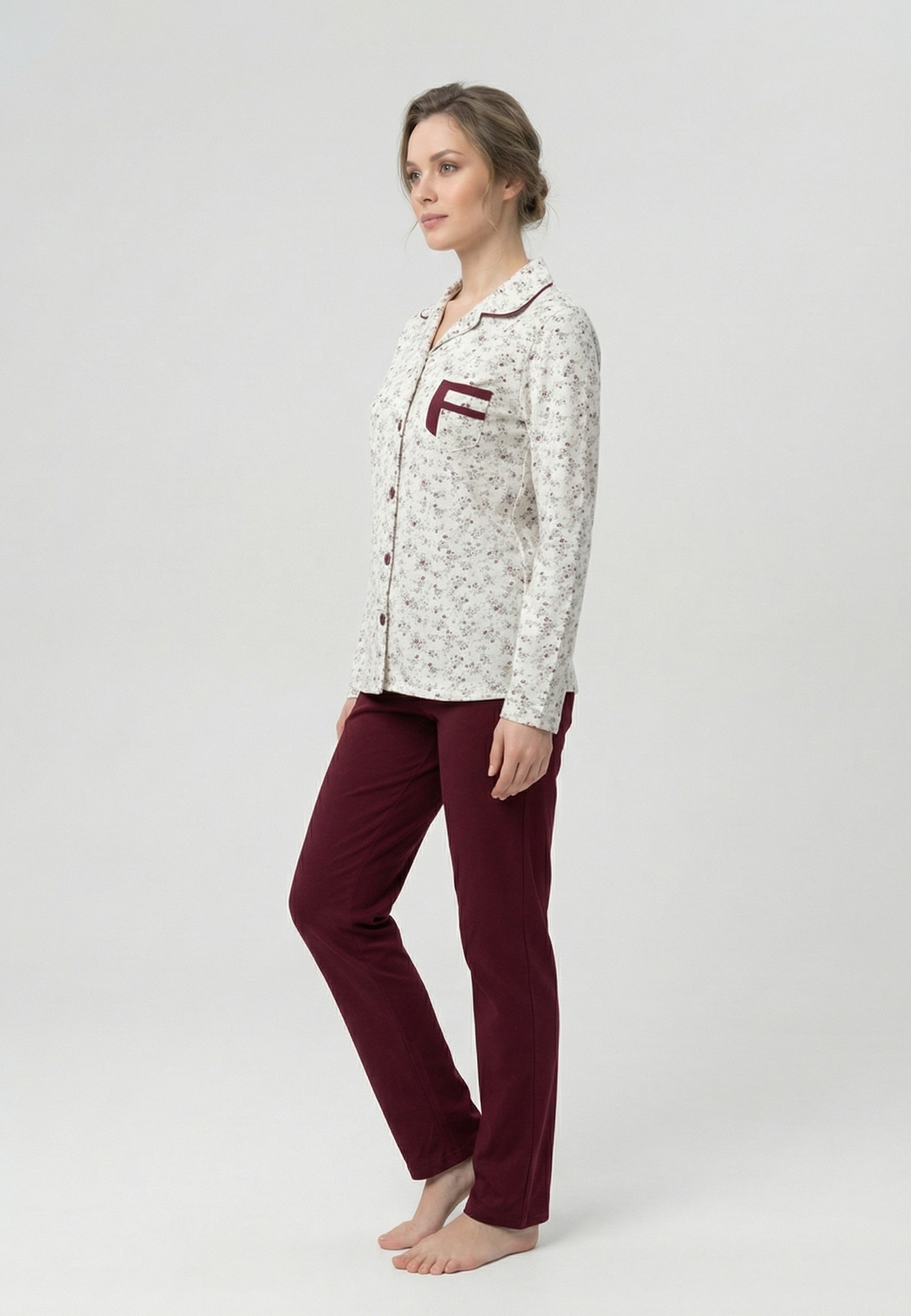 Ensemble Pyjama Femme Fleuri avec Pantalon Uni