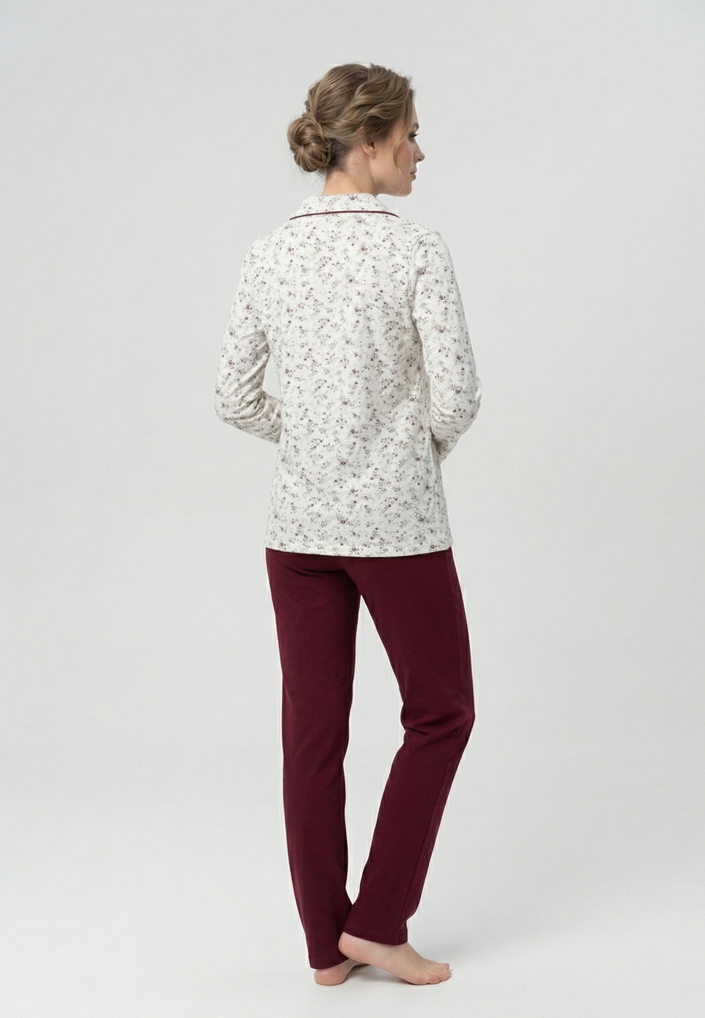 Ensemble Pyjama Femme Fleuri avec Pantalon Uni