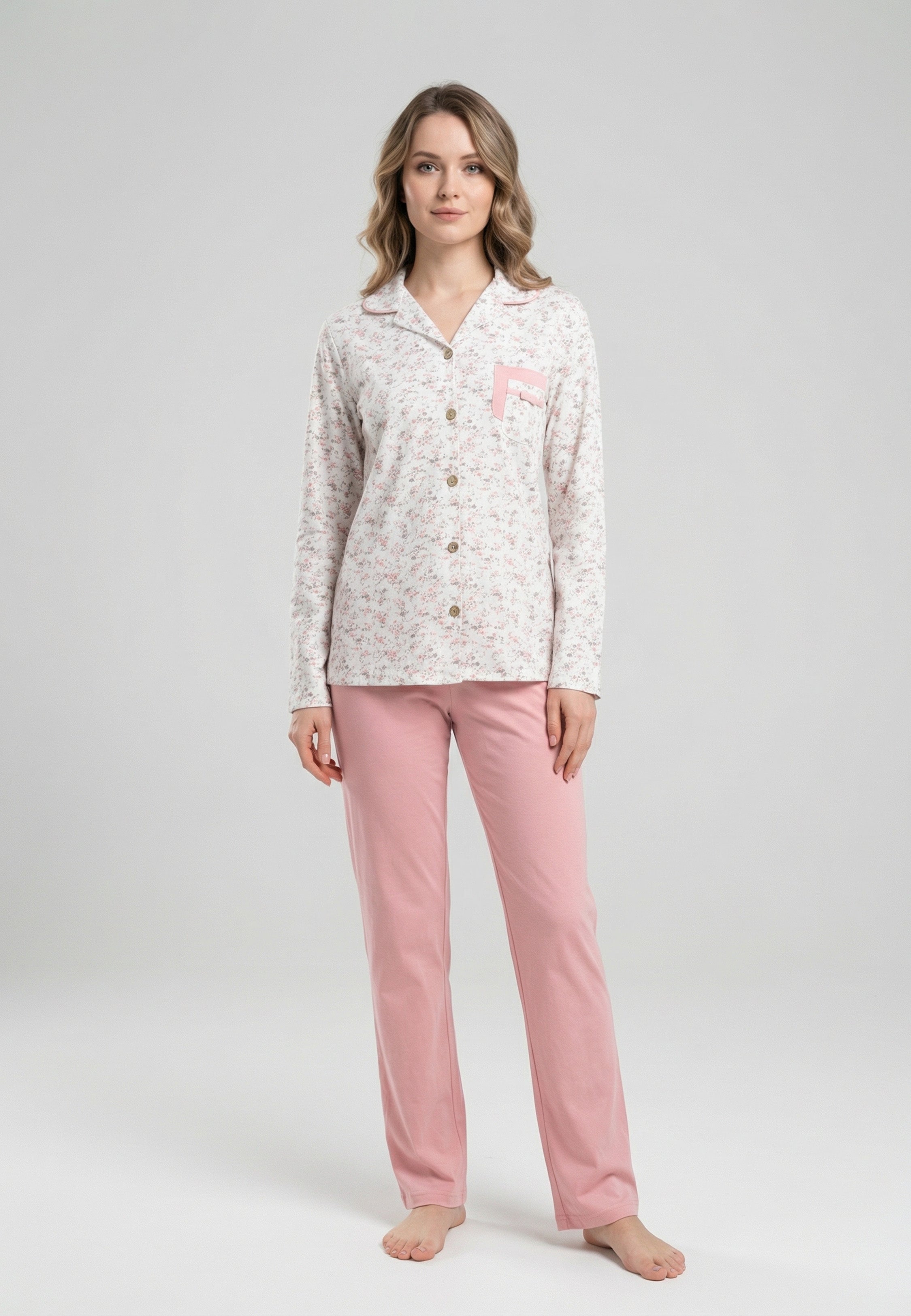 Ensemble Pyjama Femme Fleuri avec Pantalon Uni
