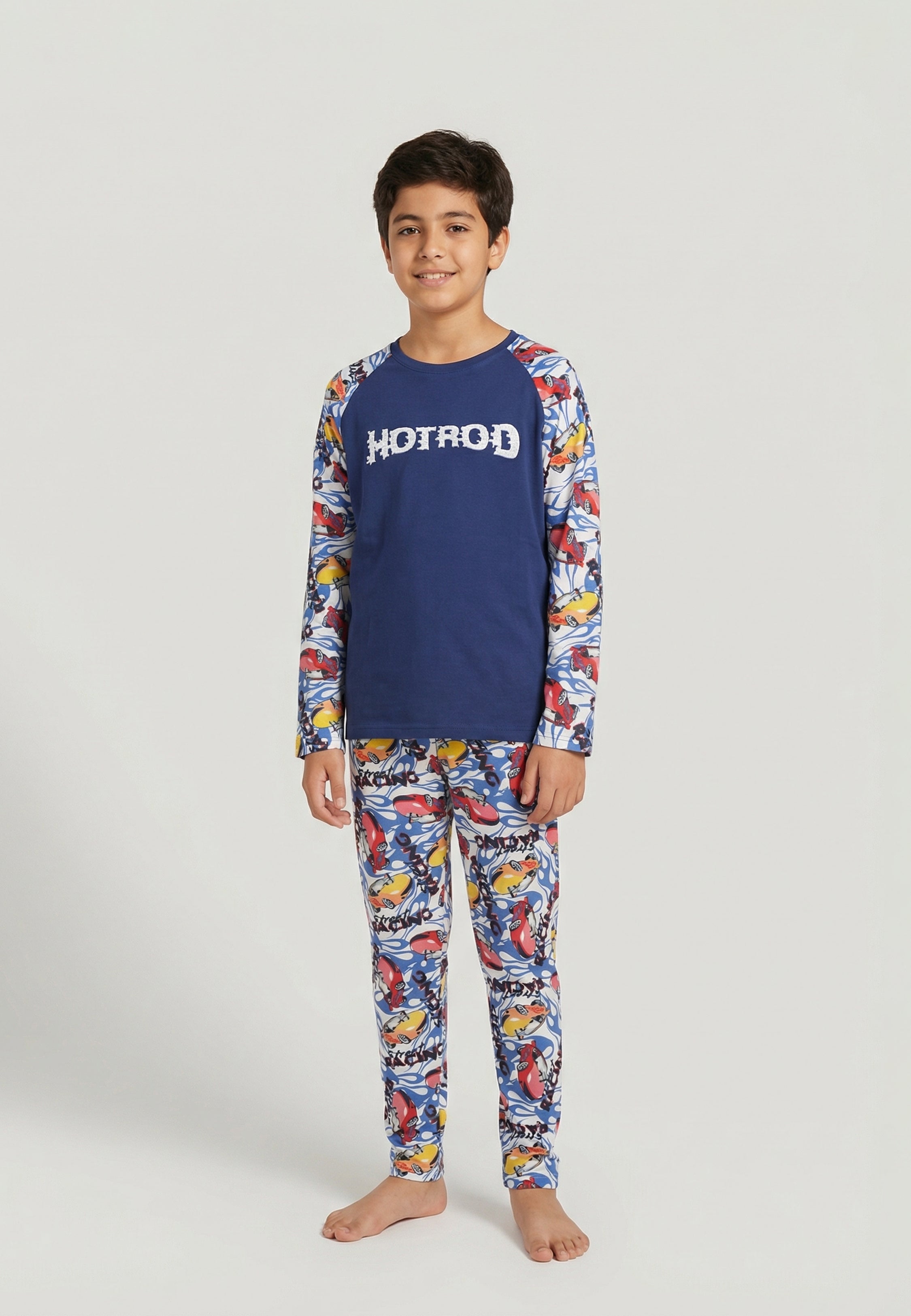 Pyjama garçon bleu HotRod en coton, ensemble 2 pièces manches longues avec pantalon imprimé voitures racing
