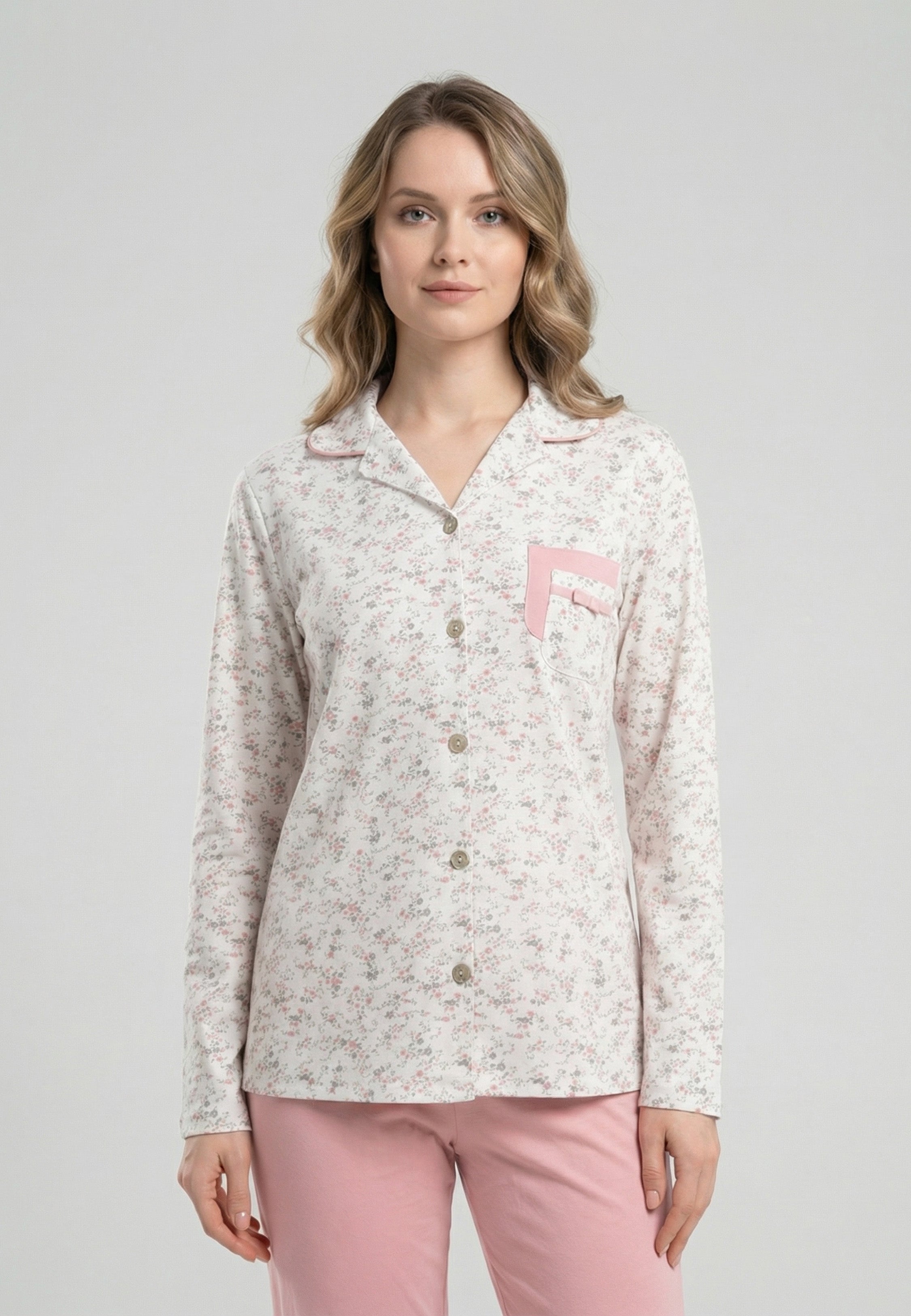 Ensemble Pyjama Femme Fleuri avec Pantalon Uni