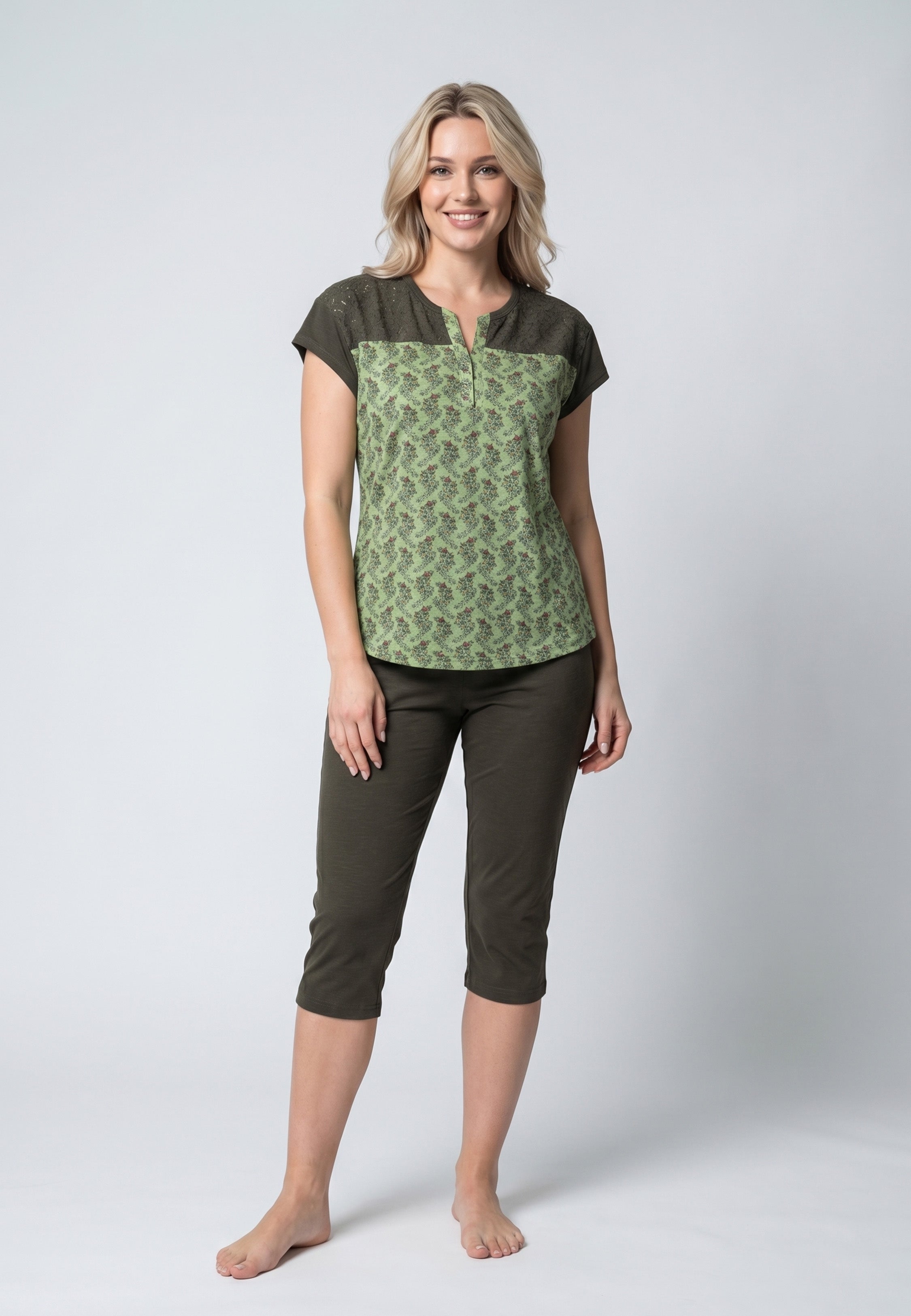 Ensemble Pyjama Femme Manches Courtes Imprimé Fleuri Dentelle et Pantalon Capri