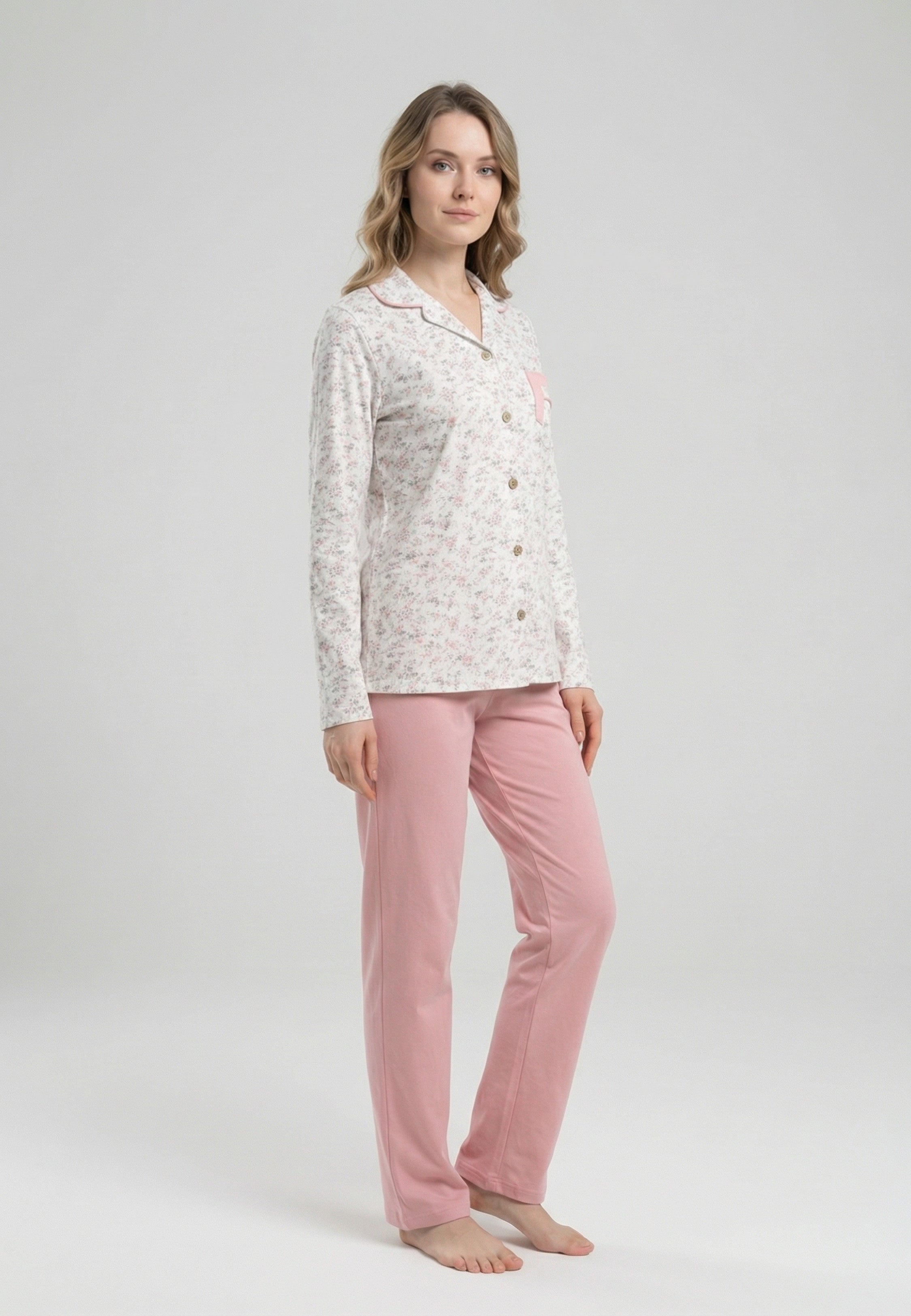 Ensemble Pyjama Femme Fleuri avec Pantalon Uni