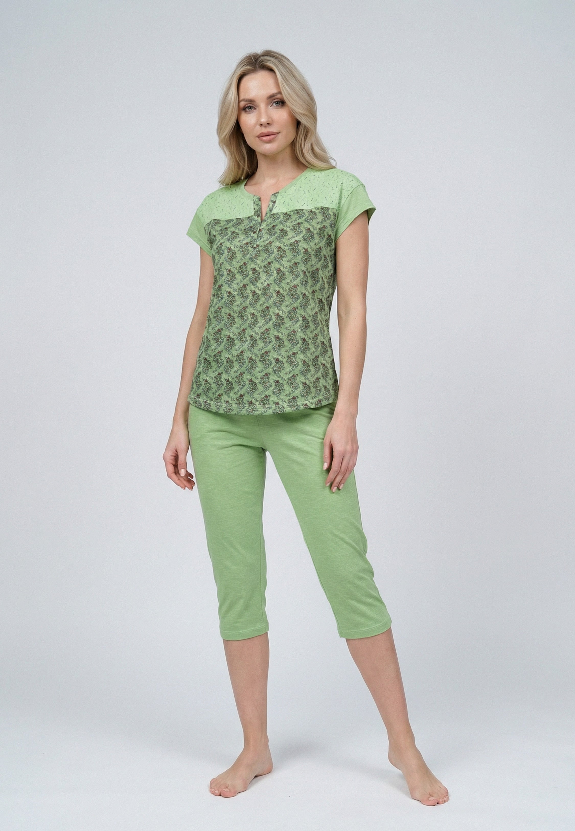 Ensemble Pyjama Femme Manches Courtes Imprimé Fleuri Dentelle et Pantalon Capri