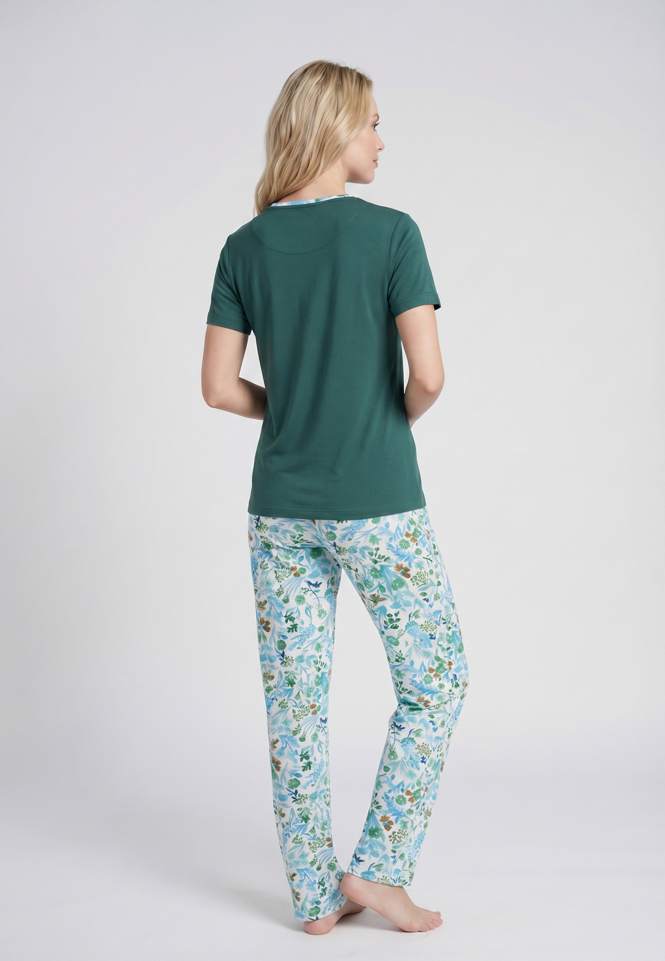 Pyjama T-Shirt Col Rond Liseré Fleuri & Pantalon Fleuri