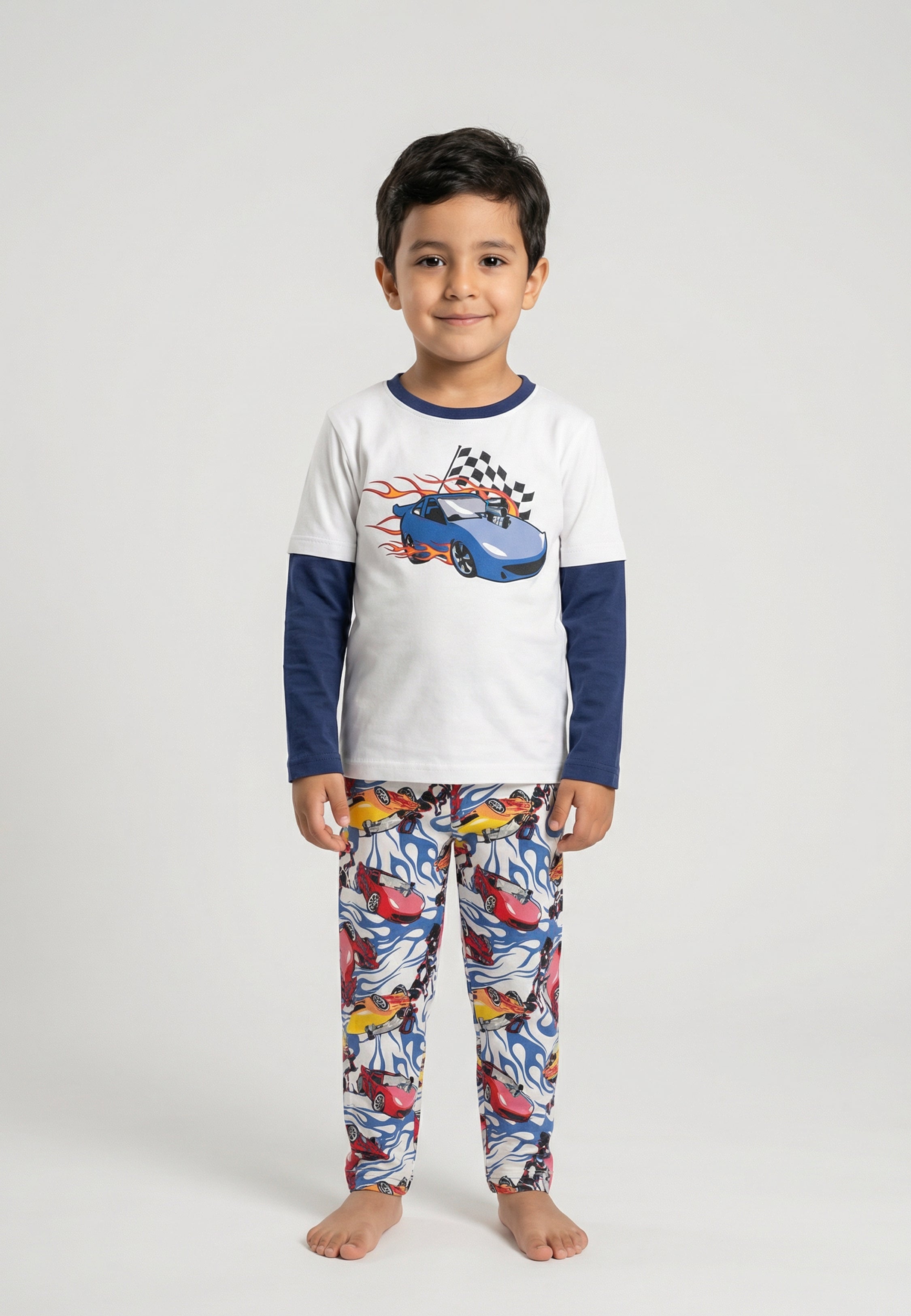 Pyjama garçon blanc et bleu Racing Flame en coton, ensemble 2 pièces manches longues avec pantalon imprimé voitures colorées