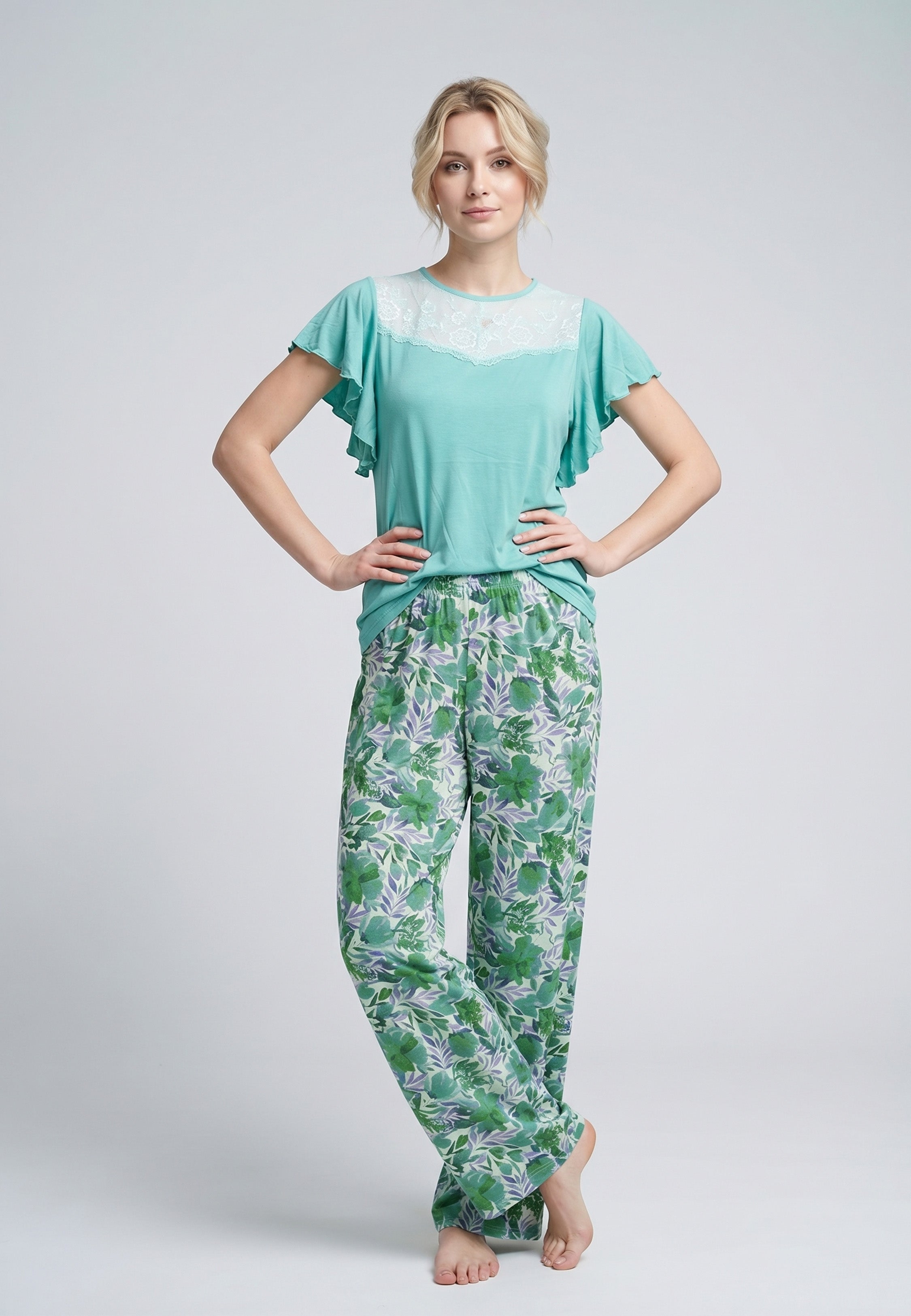 Pyjama T-Shirt Manches Volantées Dentelle & Pantalon Fleuri