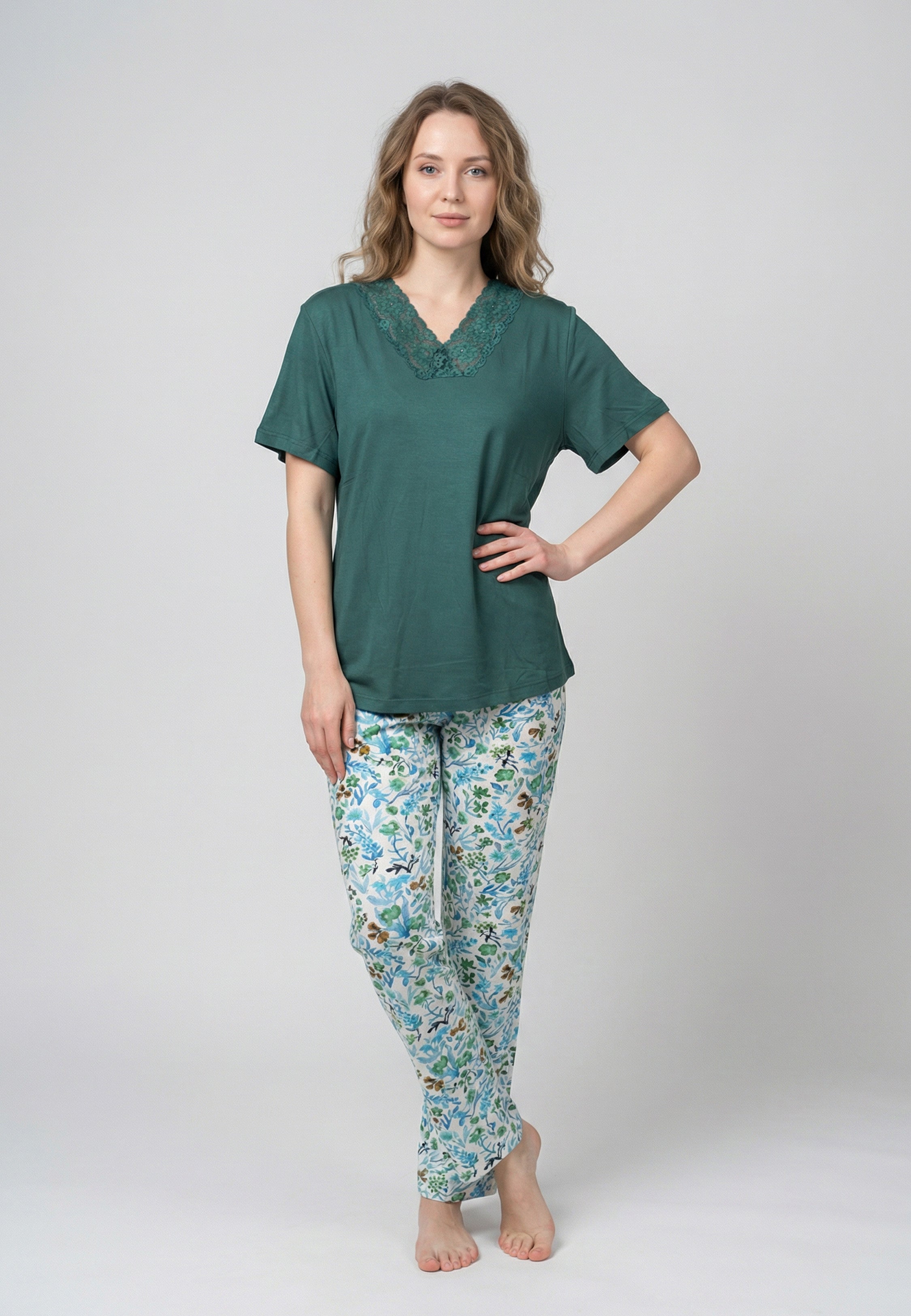 Ensemble Pyjama Femme Col V Dentelle Pantalon Long Fleuri