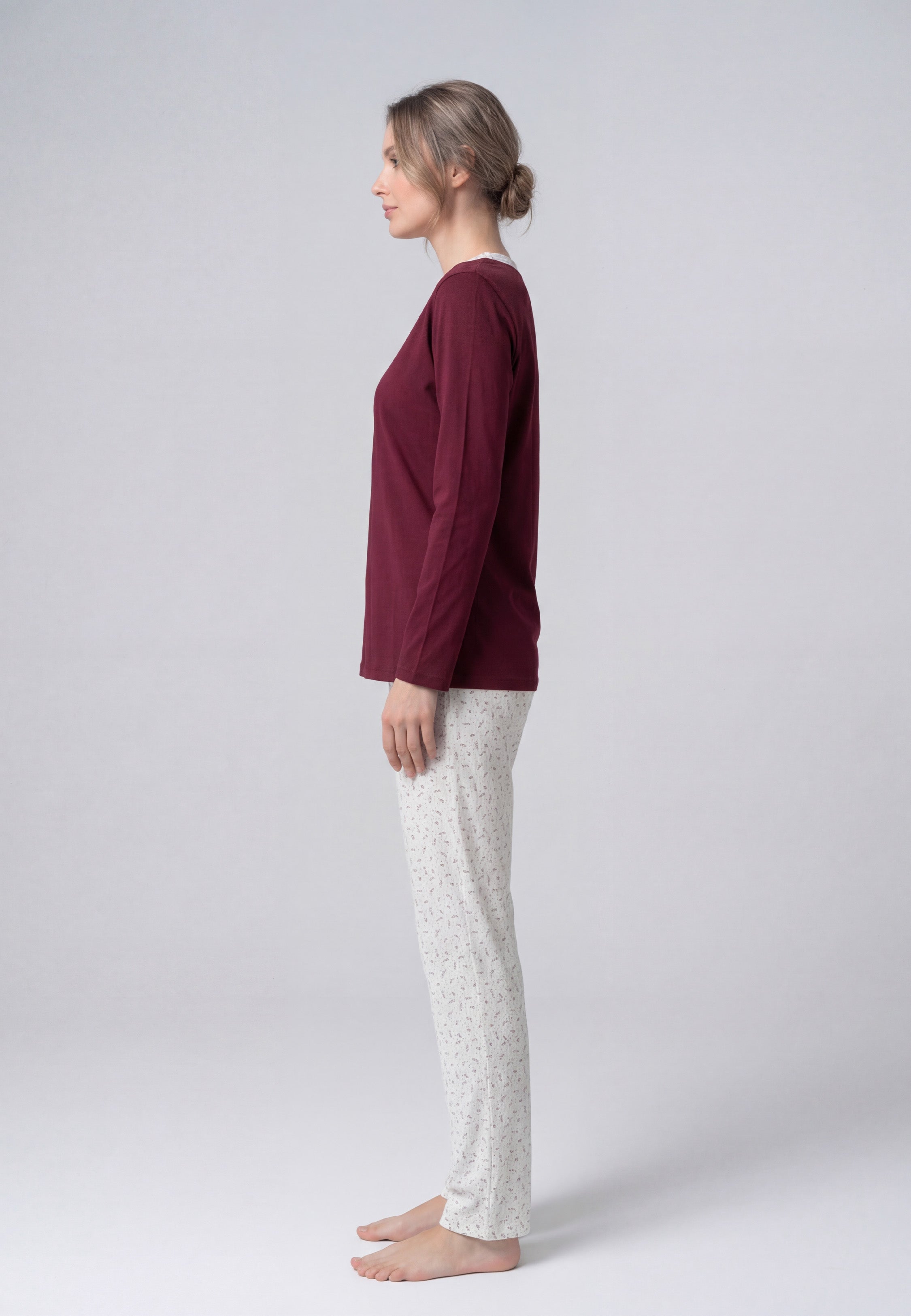 Pyjama Femme Bordeaux en Coton avec Pantalon Imprimé