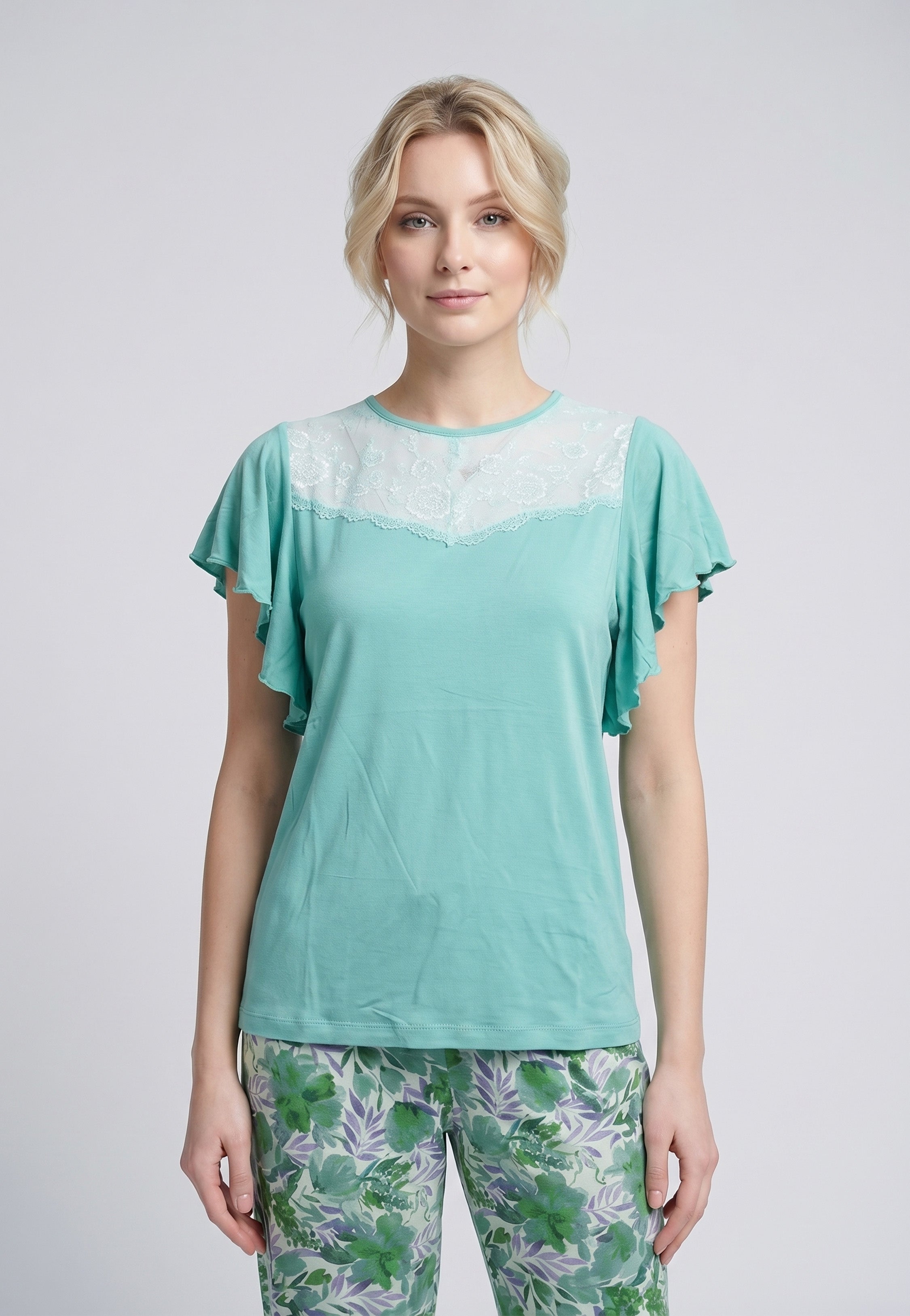 Pyjama T-Shirt Manches Volantées Dentelle & Pantalon Fleuri