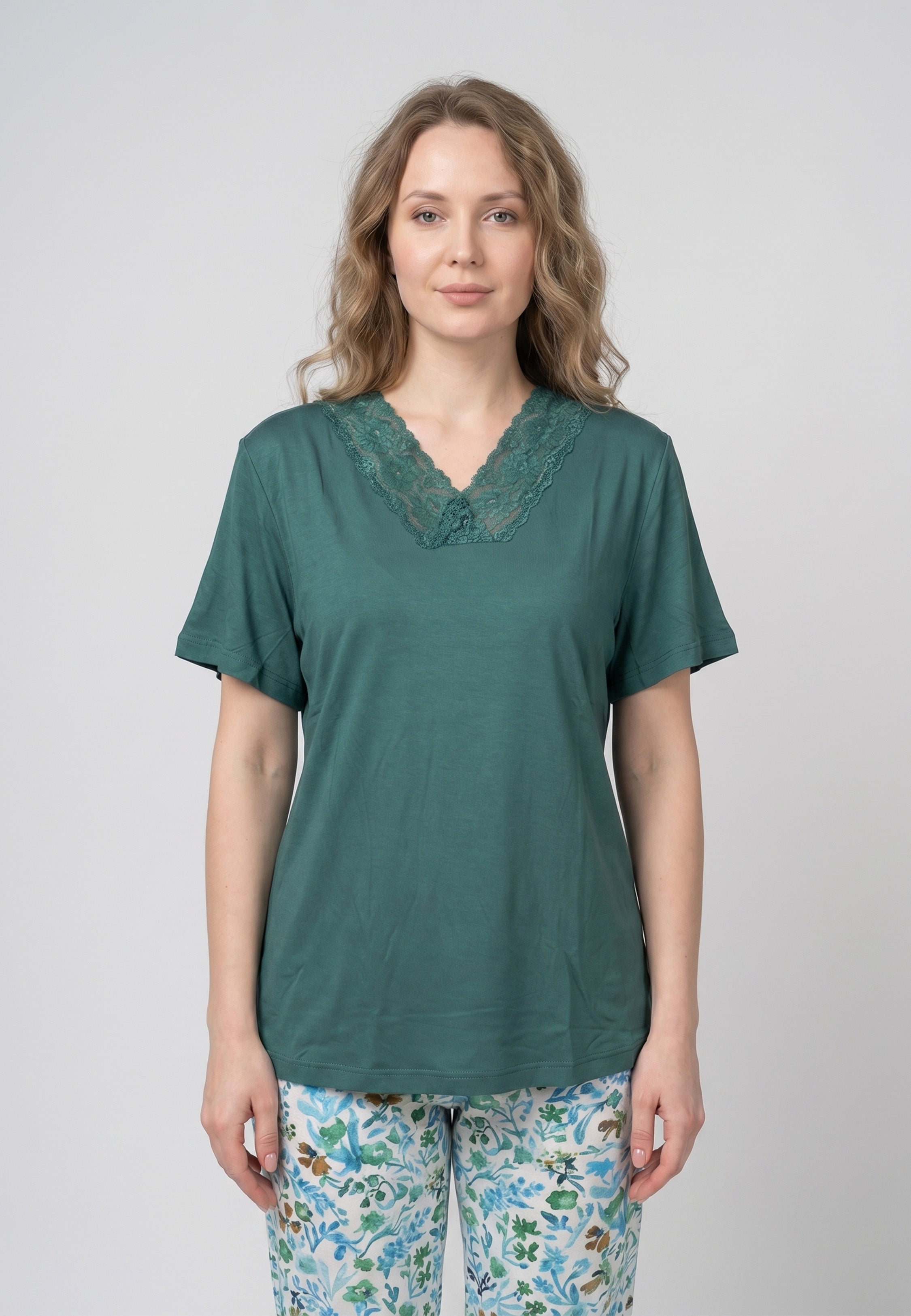 Ensemble Pyjama Femme Col V Dentelle Pantalon Long Fleuri