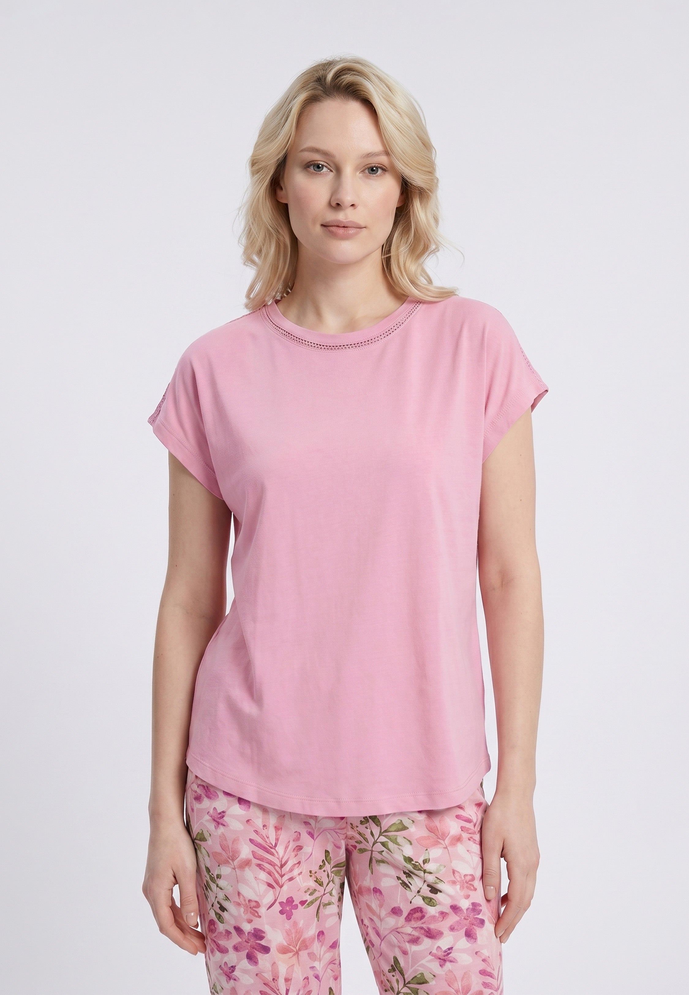 Pyjama T-Shirt Col Rond Ajouré & Pantalon Fleuri
