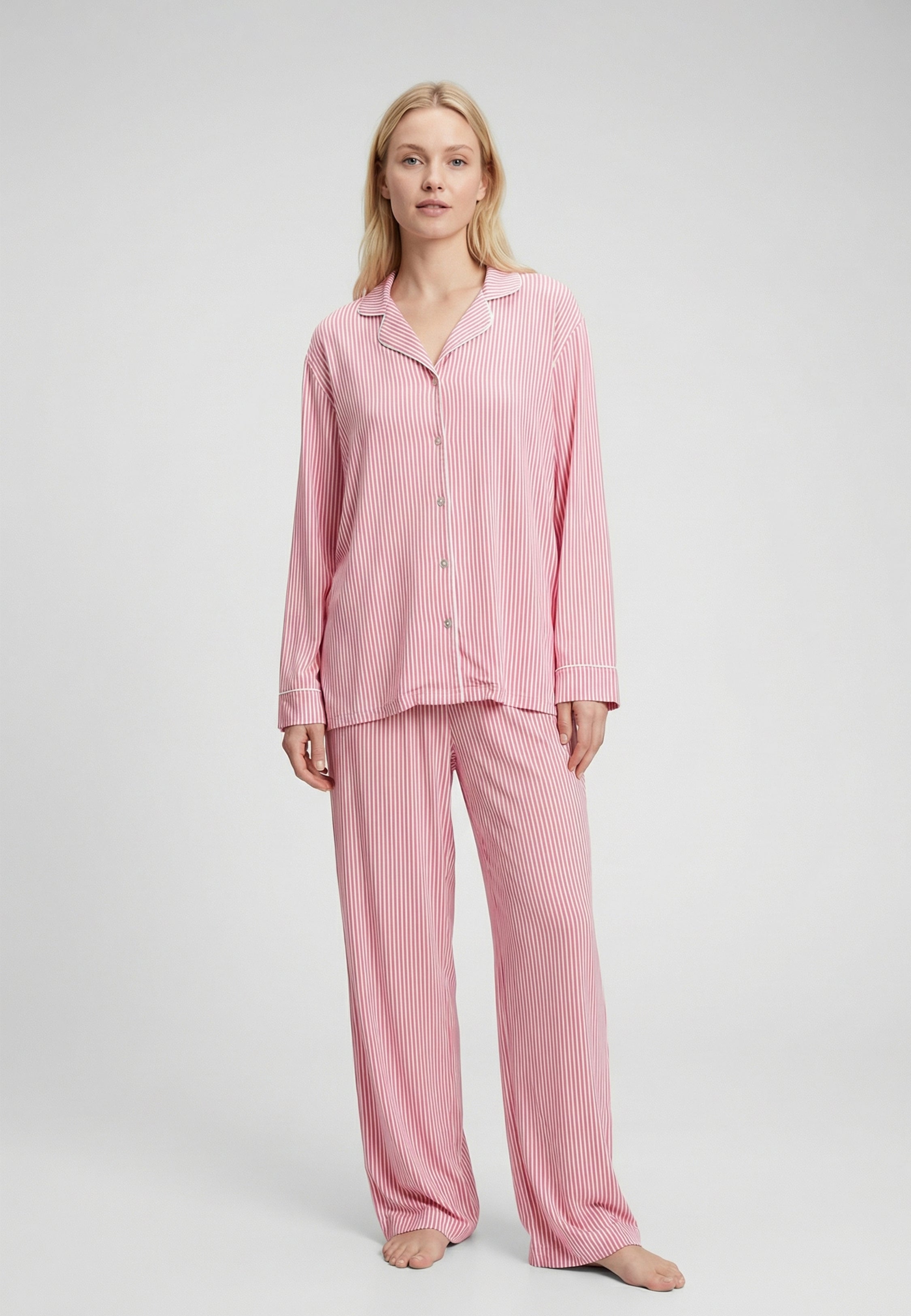 pyjama rayé rose chemise manches longues et pantalon assorti