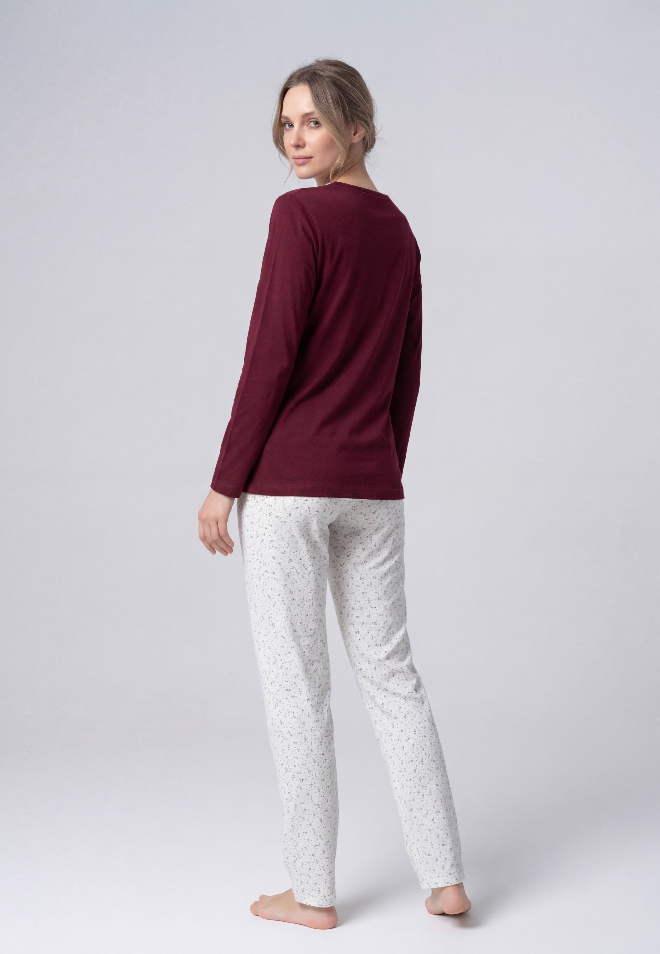 Pyjama Femme Bordeaux en Coton avec Pantalon Imprimé