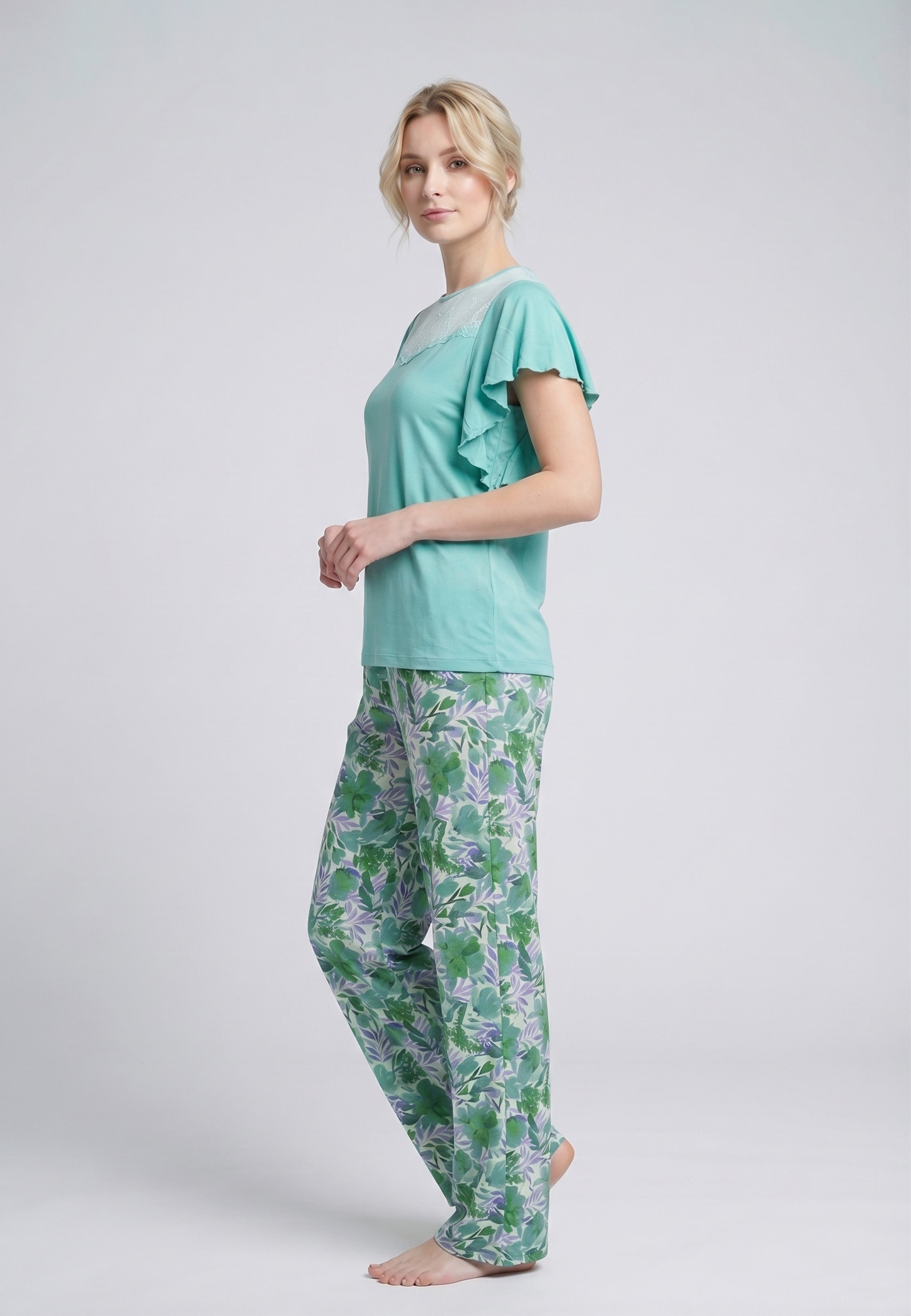 Pyjama T-Shirt Manches Volantées Dentelle & Pantalon Fleuri