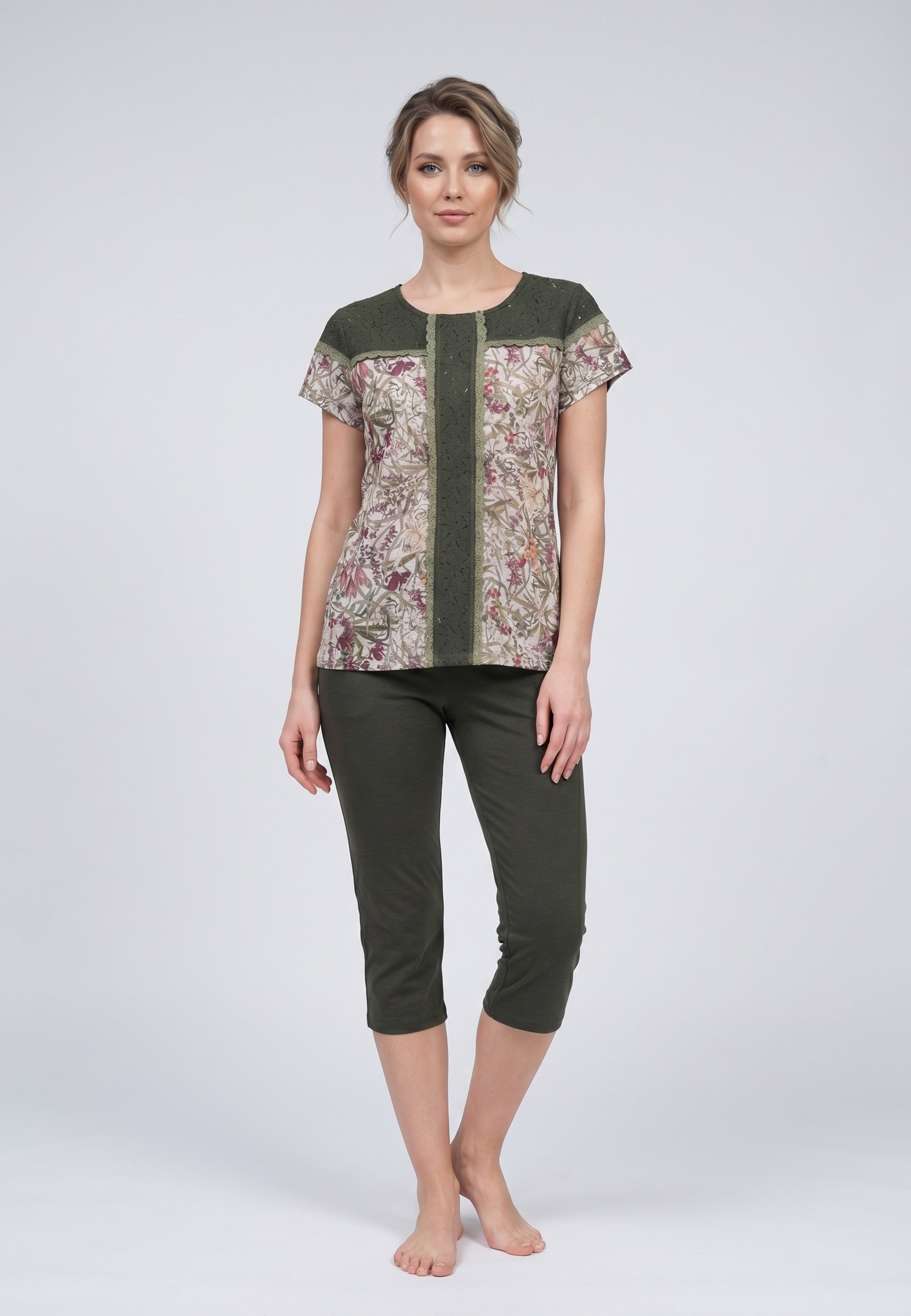 Ensemble Pyjama Femme Imprimé Fleuri Bande Dentelle Capri