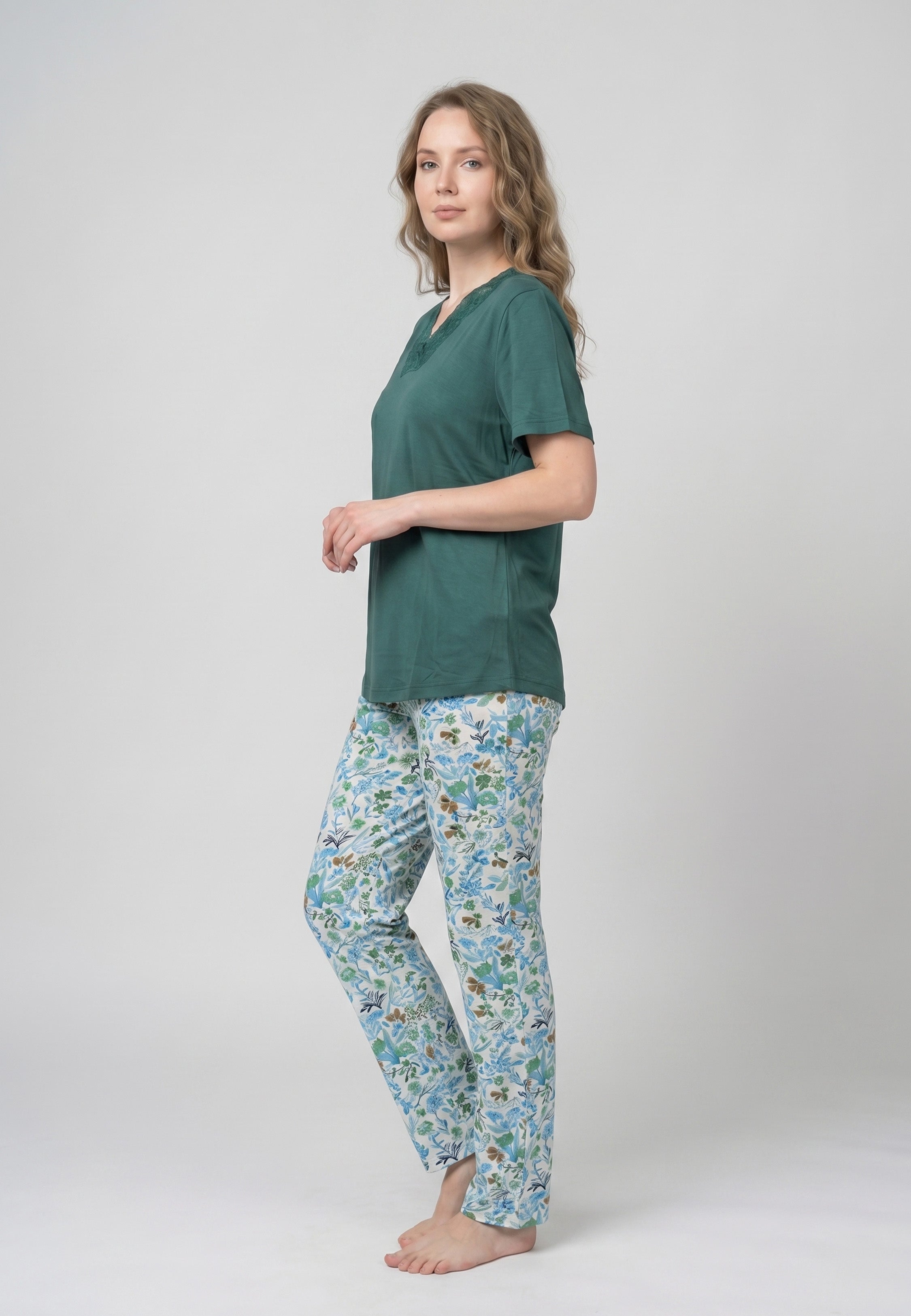 Ensemble Pyjama Femme Col V Dentelle Pantalon Long Fleuri
