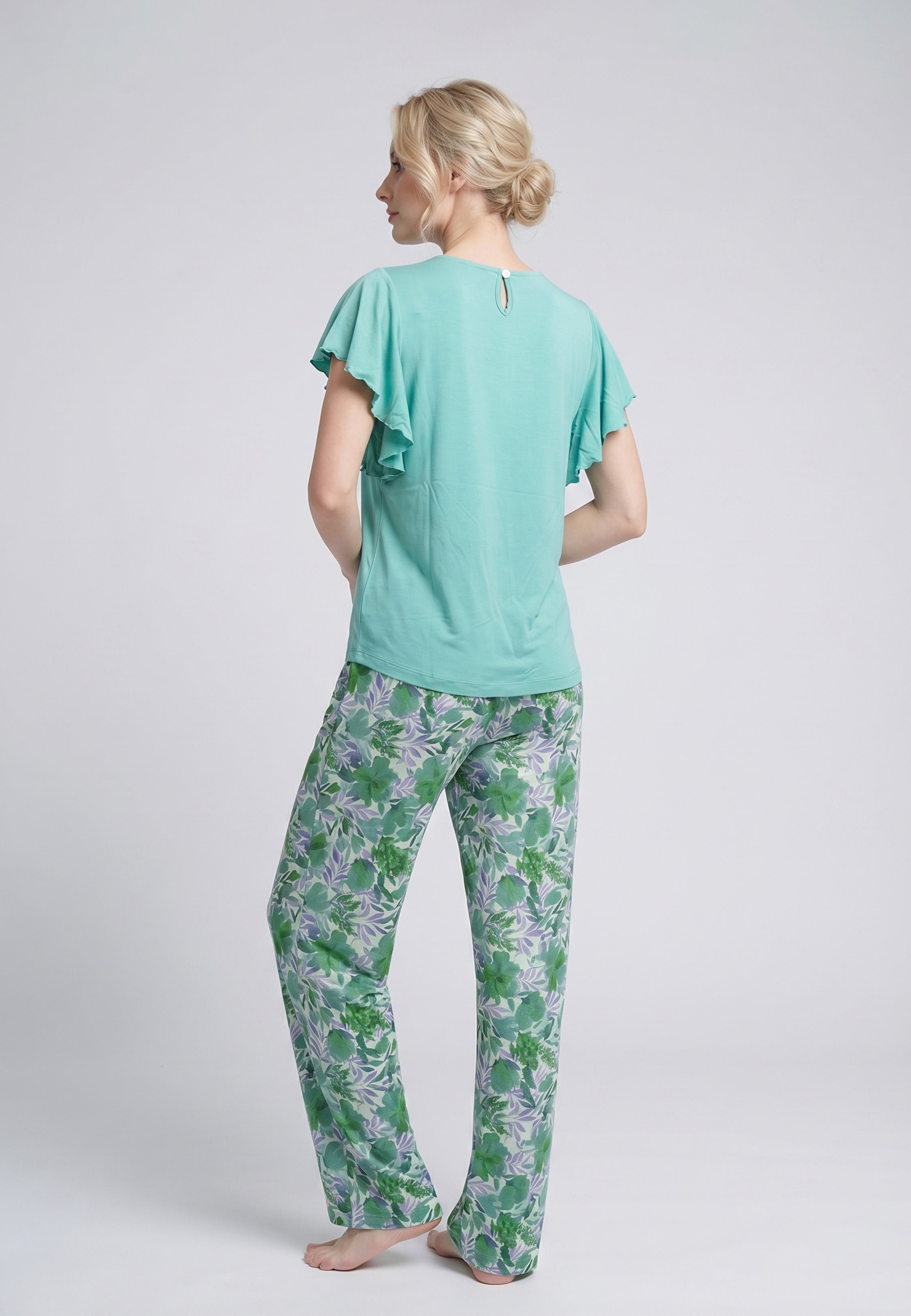 Pyjama T-Shirt Manches Volantées Dentelle & Pantalon Fleuri