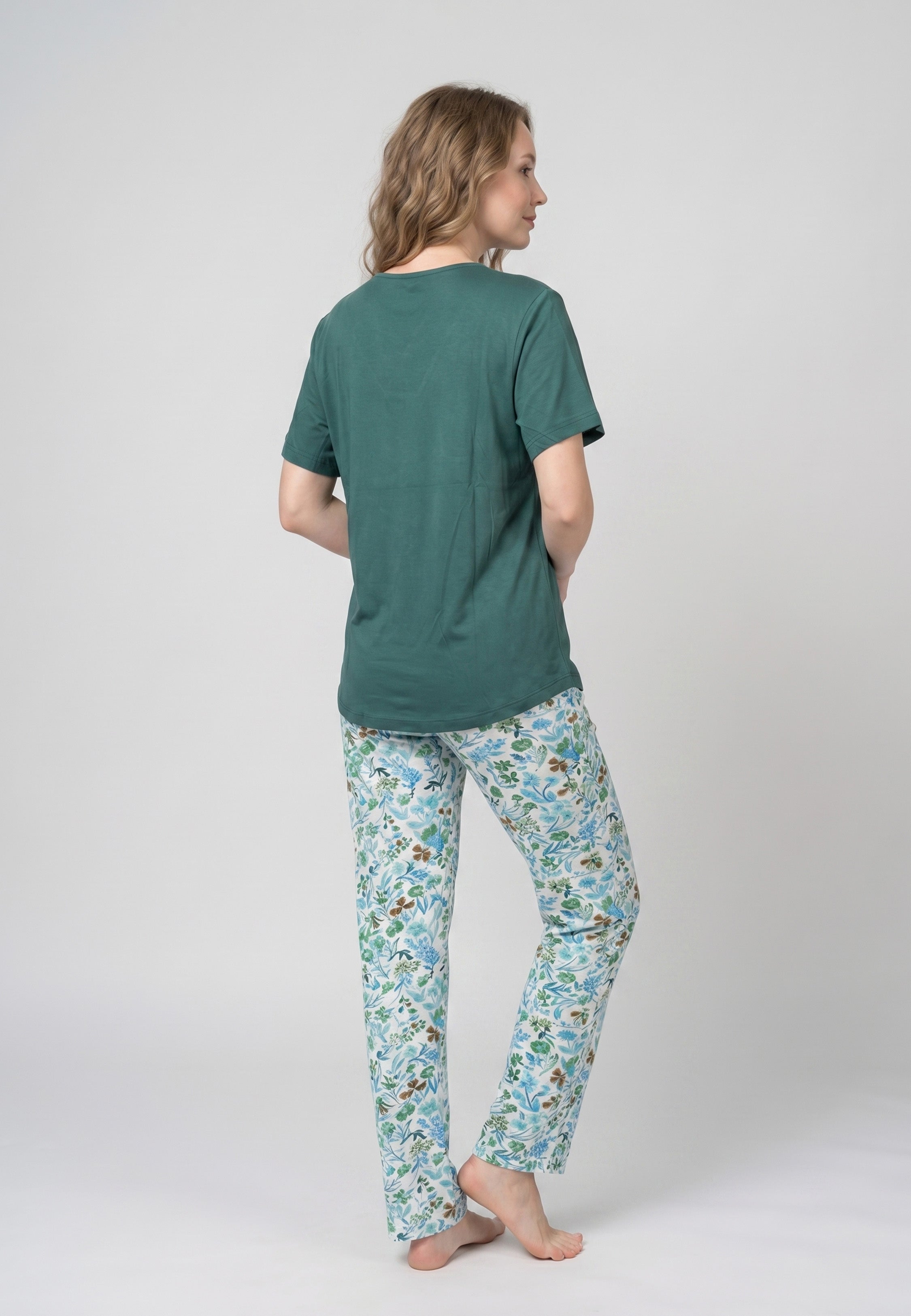 Ensemble Pyjama Femme Col V Dentelle Pantalon Long Fleuri