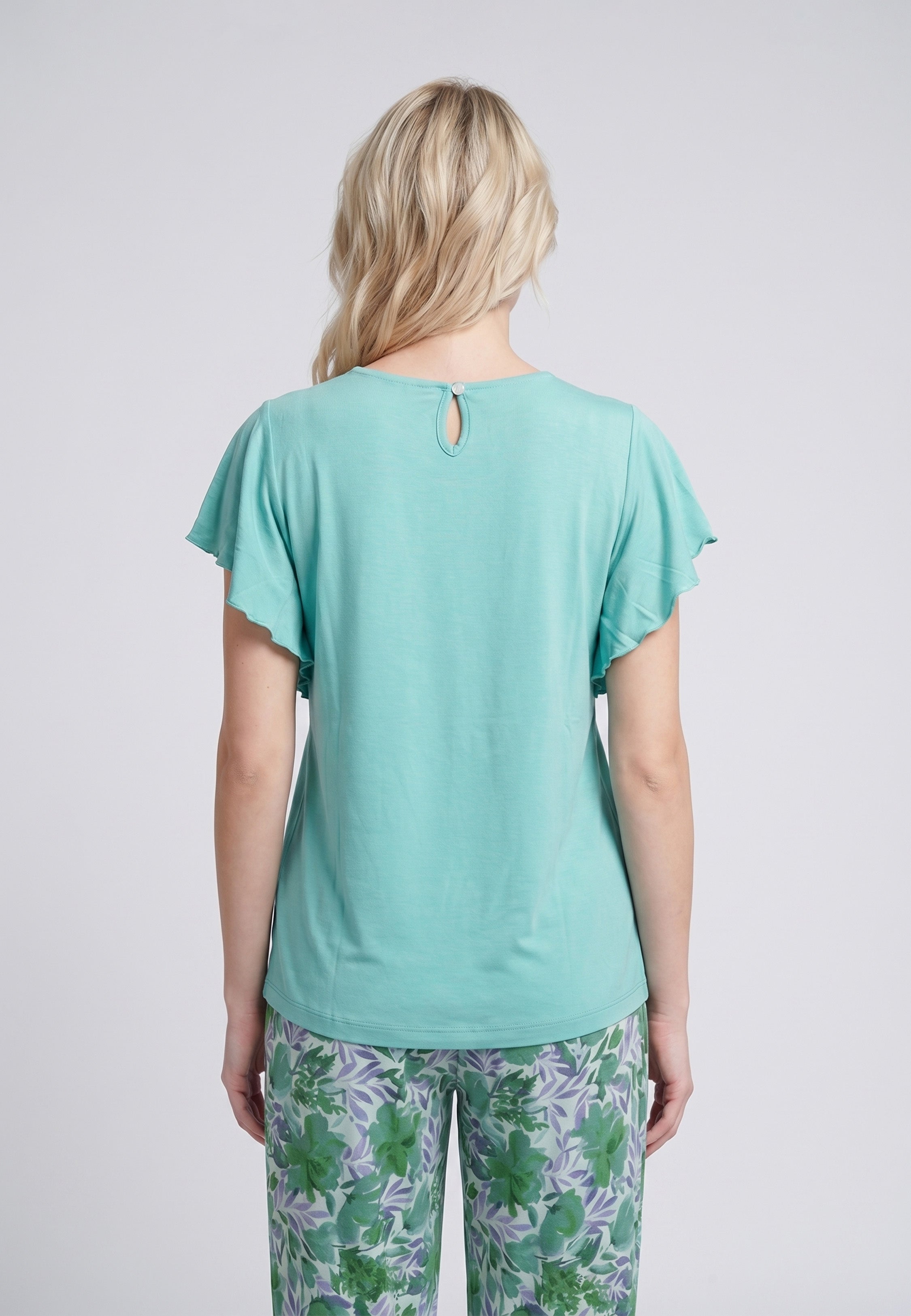 Pyjama T-Shirt Manches Volantées Dentelle & Pantalon Fleuri