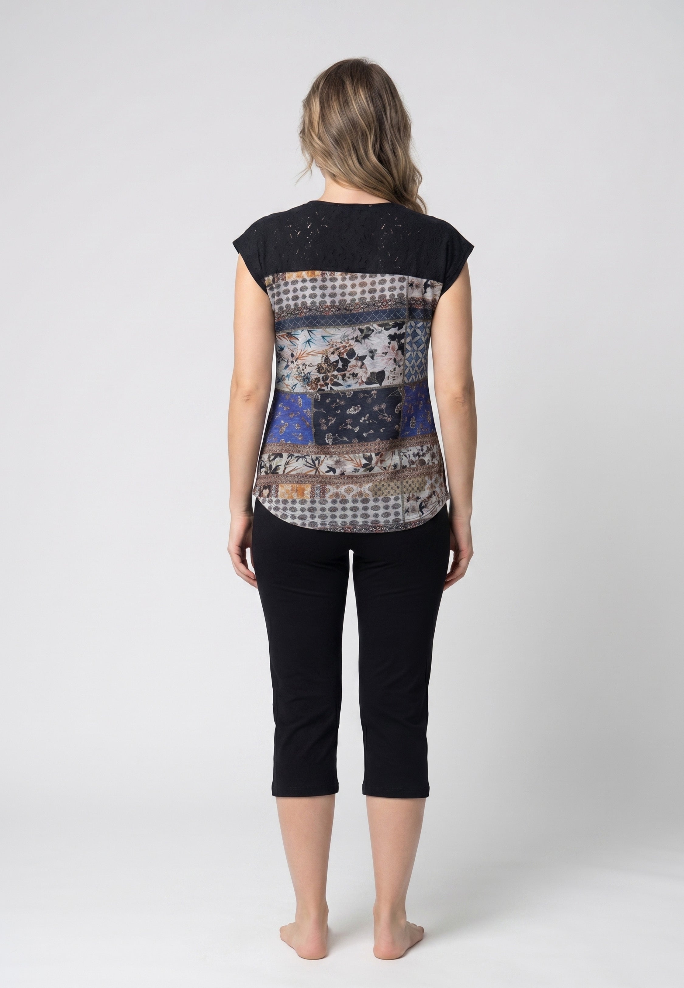 Ensemble Pyjama Femme Imprimé Patchwork Dos et Pantalon Capri