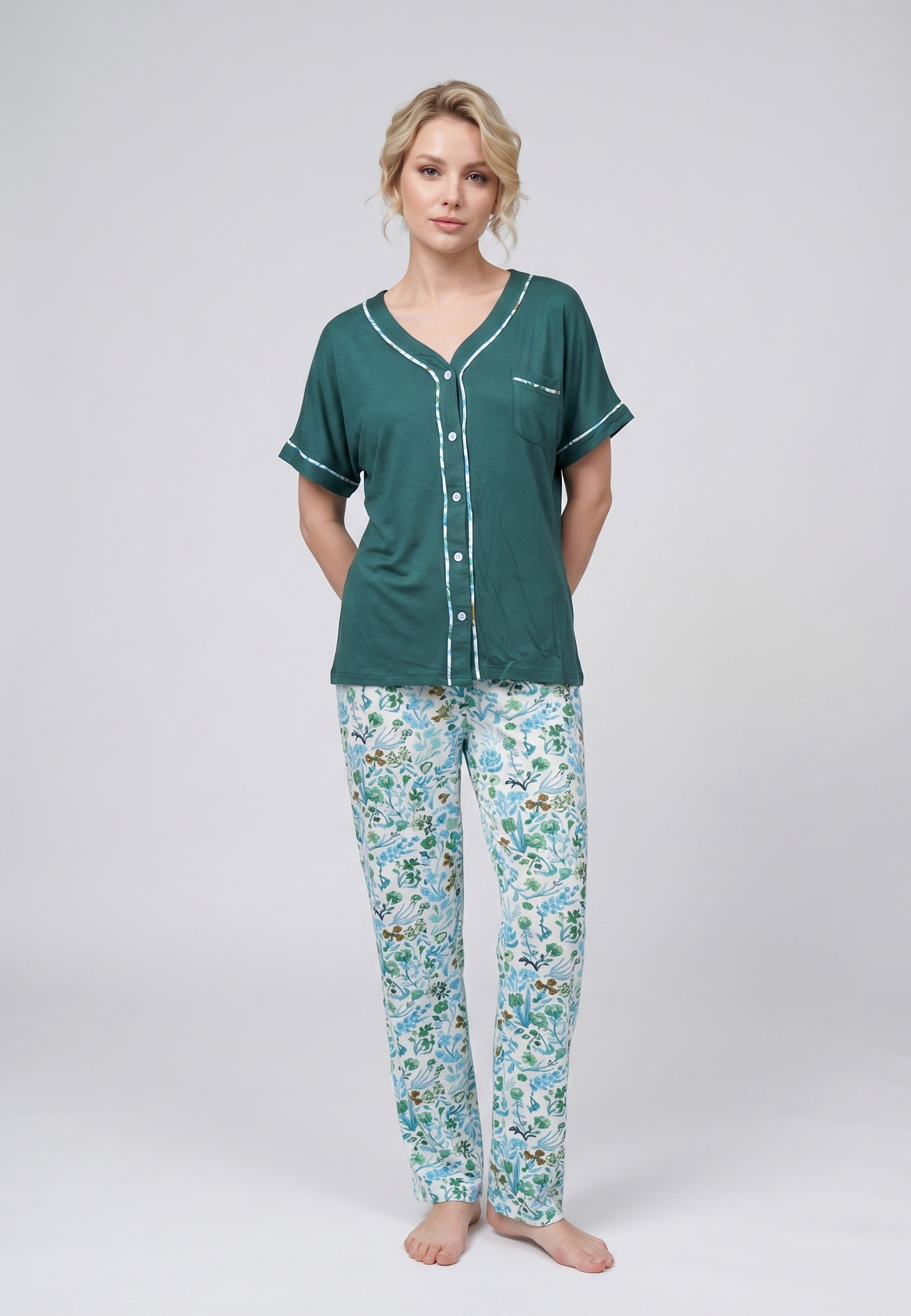Ensemble Pyjama Femme Boutonné Col V Pantalon Long