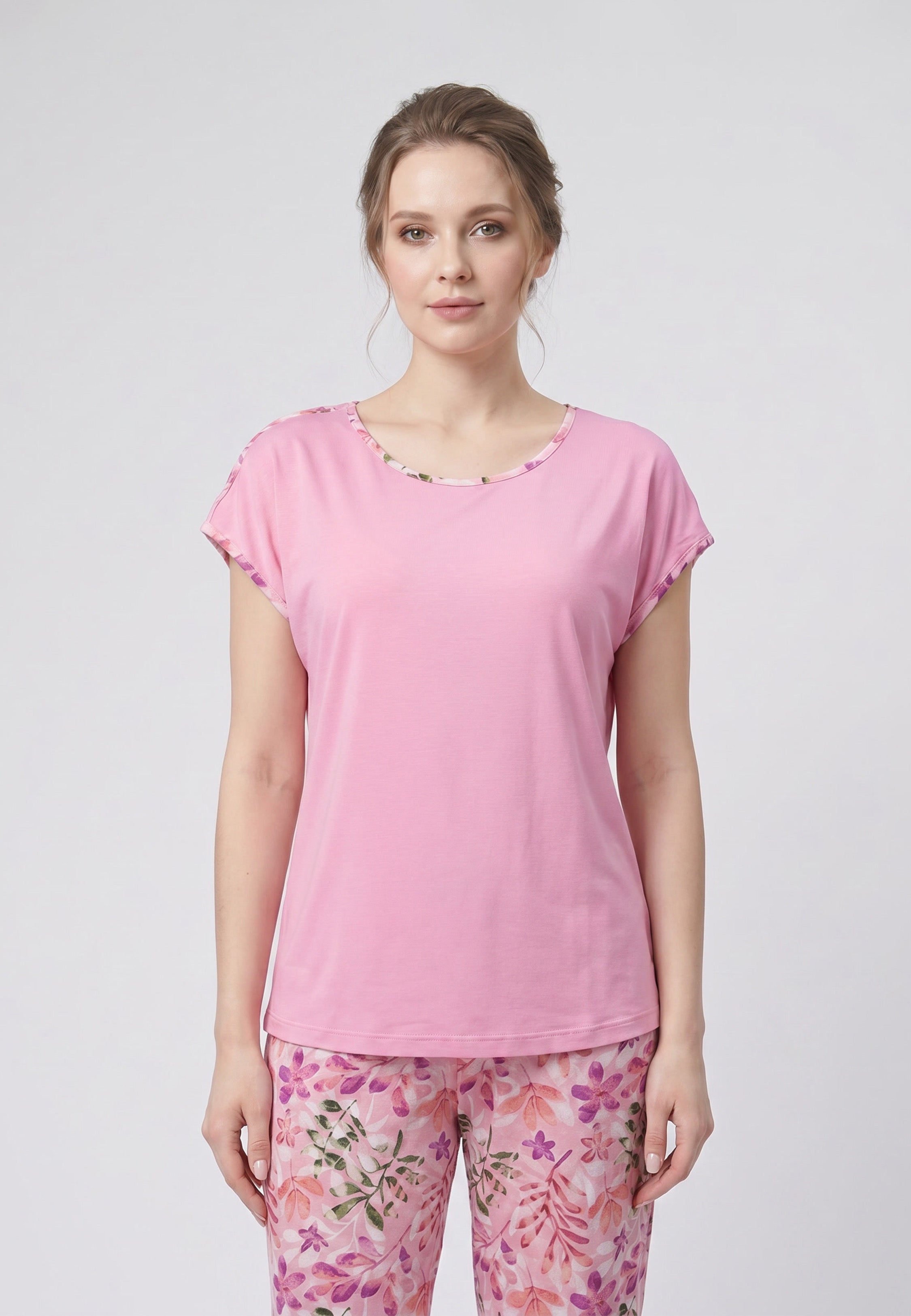 Pyjama T-Shirt Uni & Pantalon Fleuri