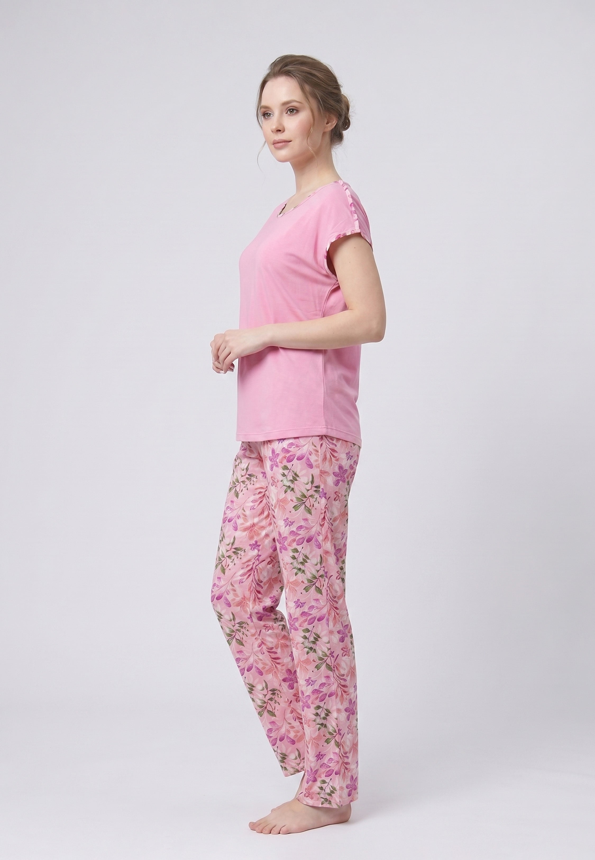 Pyjama T-Shirt Uni & Pantalon Fleuri