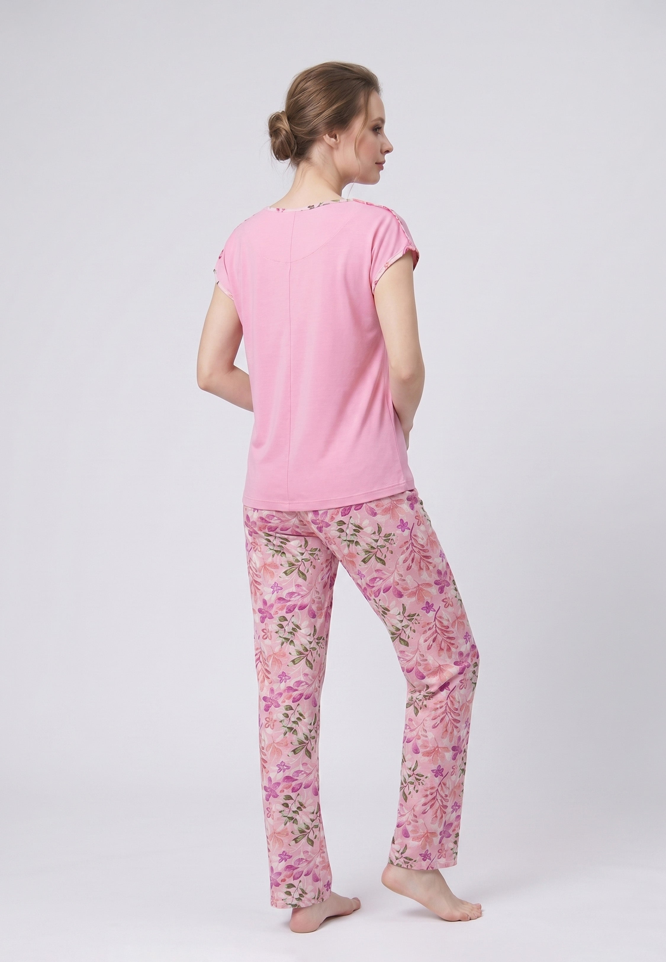 Pyjama T-Shirt Uni & Pantalon Fleuri
