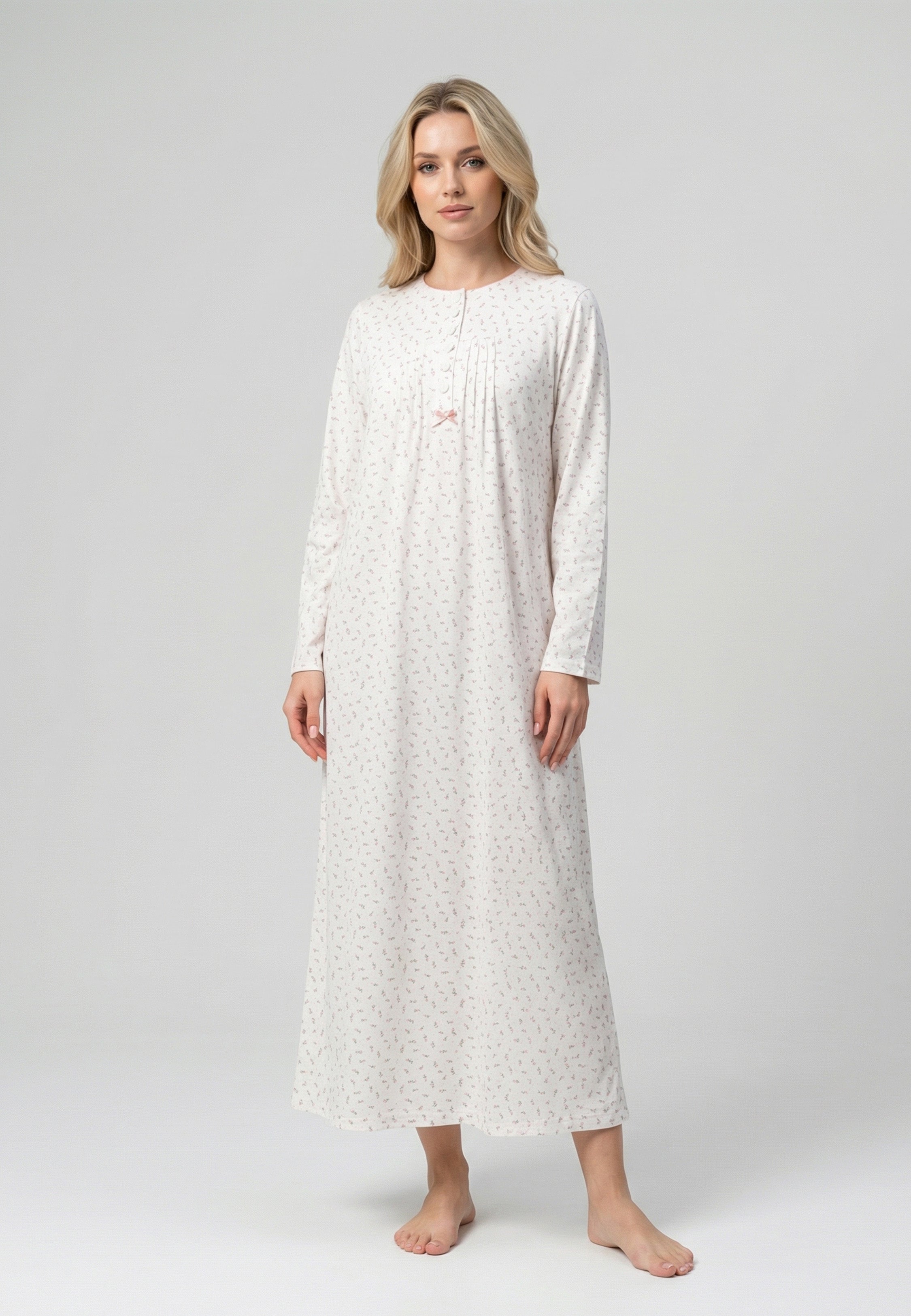 Chemise de nuit femme longue imprimé rose en coton avec manches longues et coupe fluide