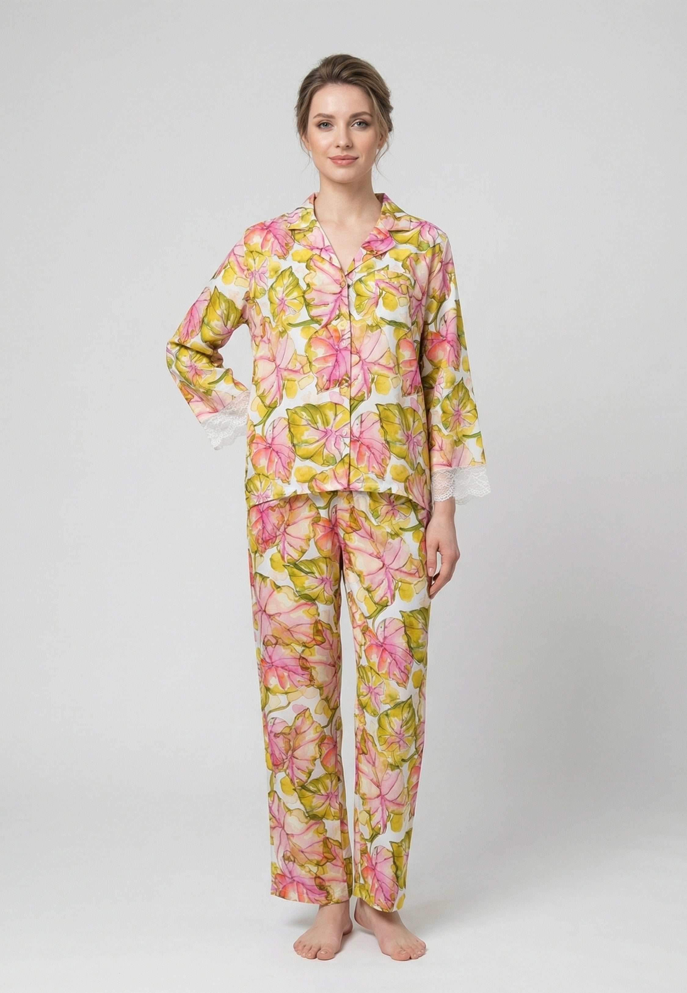 Pyjama Femme Fleuri Boutonné Manches Longues