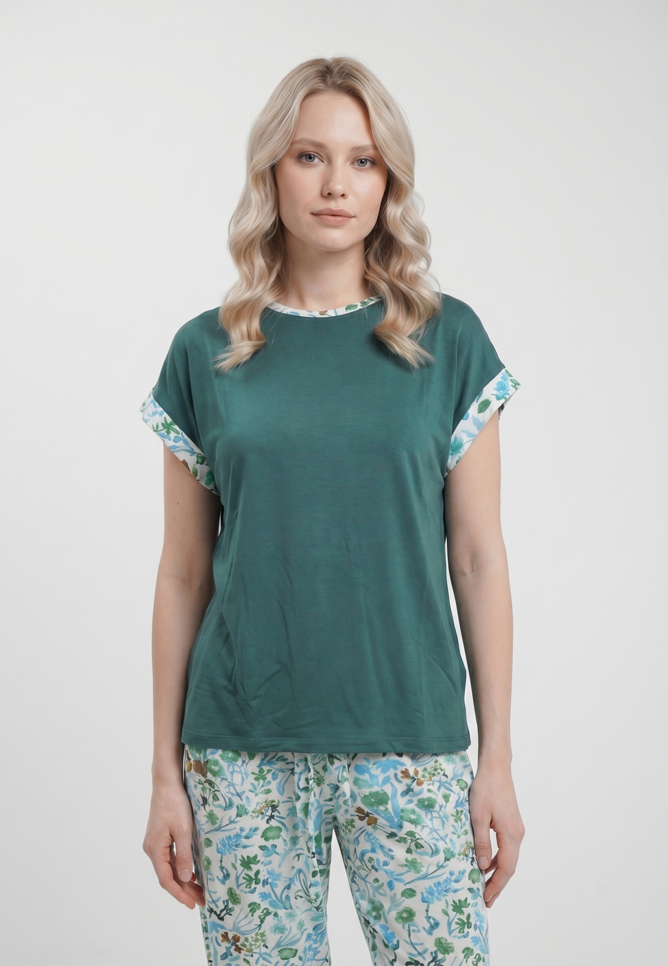 Ensemble Pyjama Femme Col Rond Revers Fleuris Pantalon Long