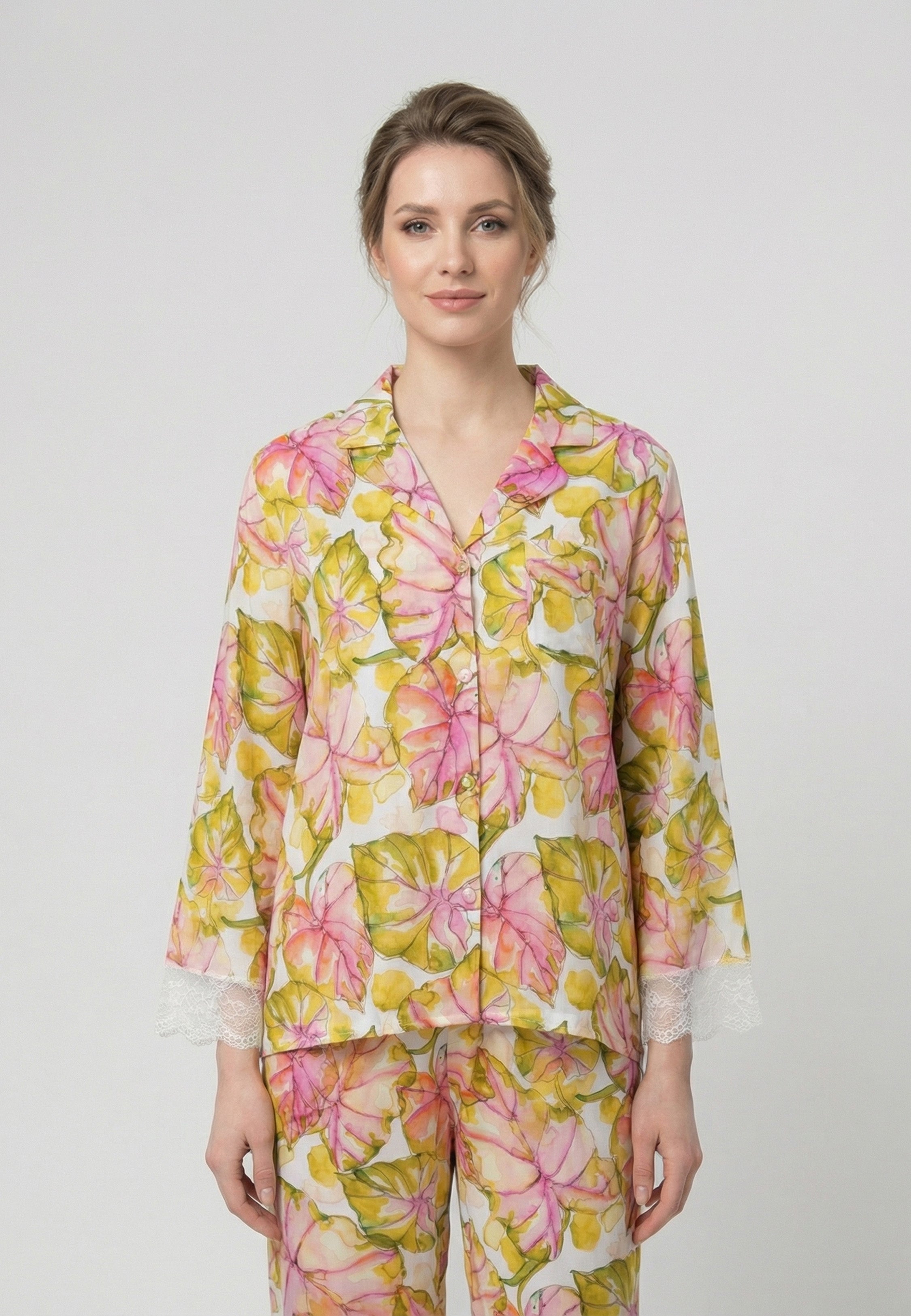 Pyjama Femme Fleuri Boutonné Manches Longues
