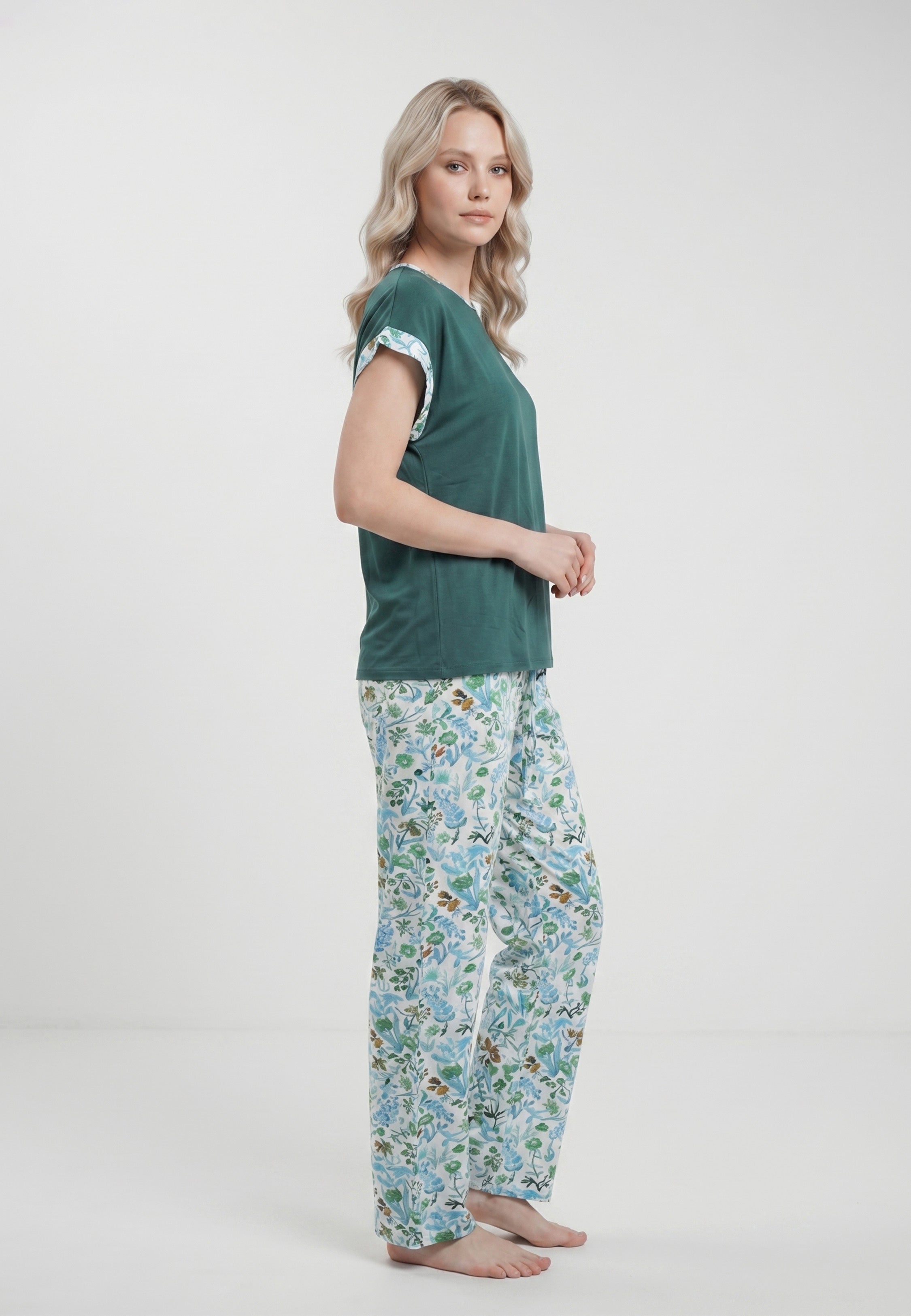 Ensemble Pyjama Femme Col Rond Revers Fleuris Pantalon Long