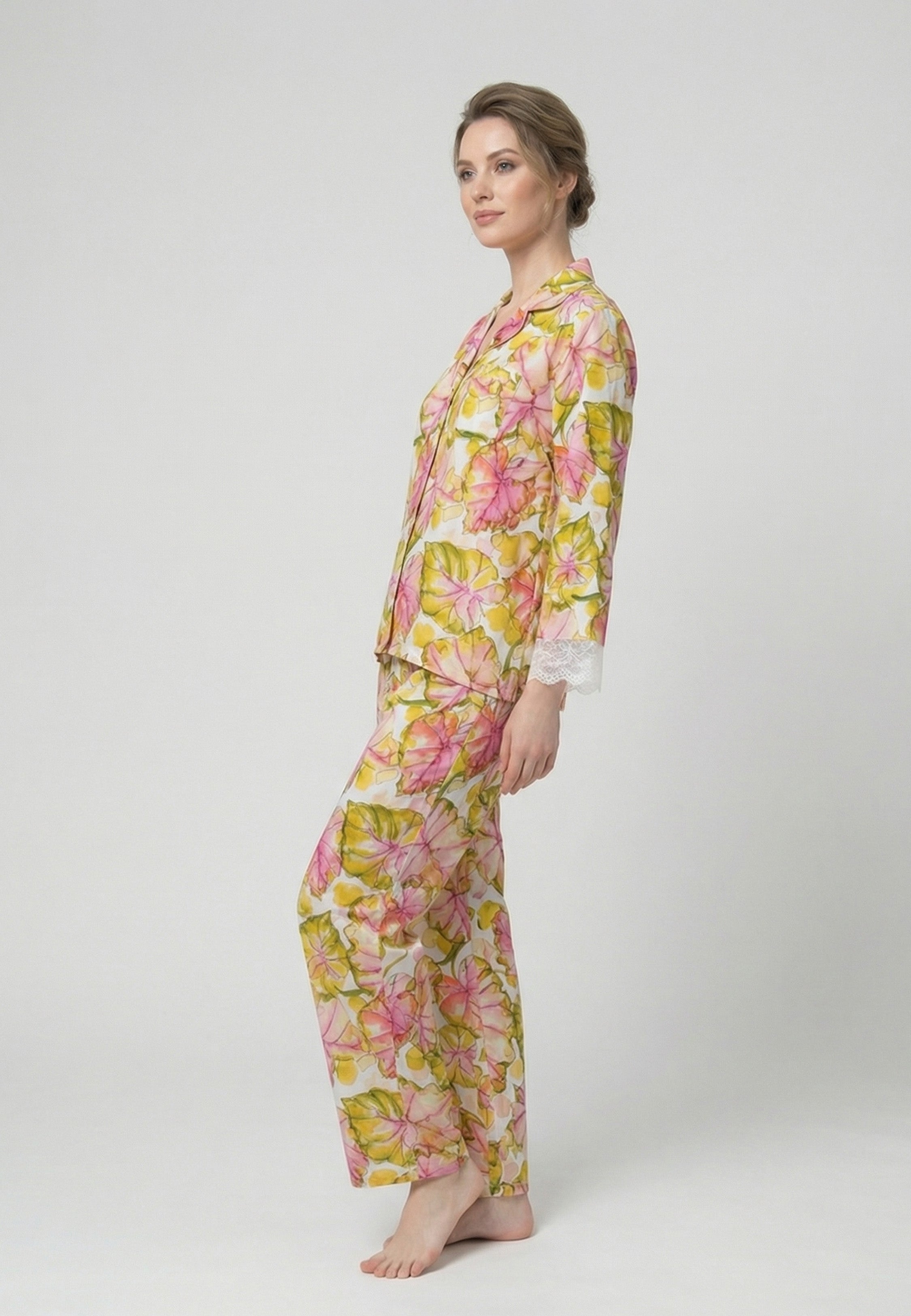 Pyjama Femme Fleuri Boutonné Manches Longues