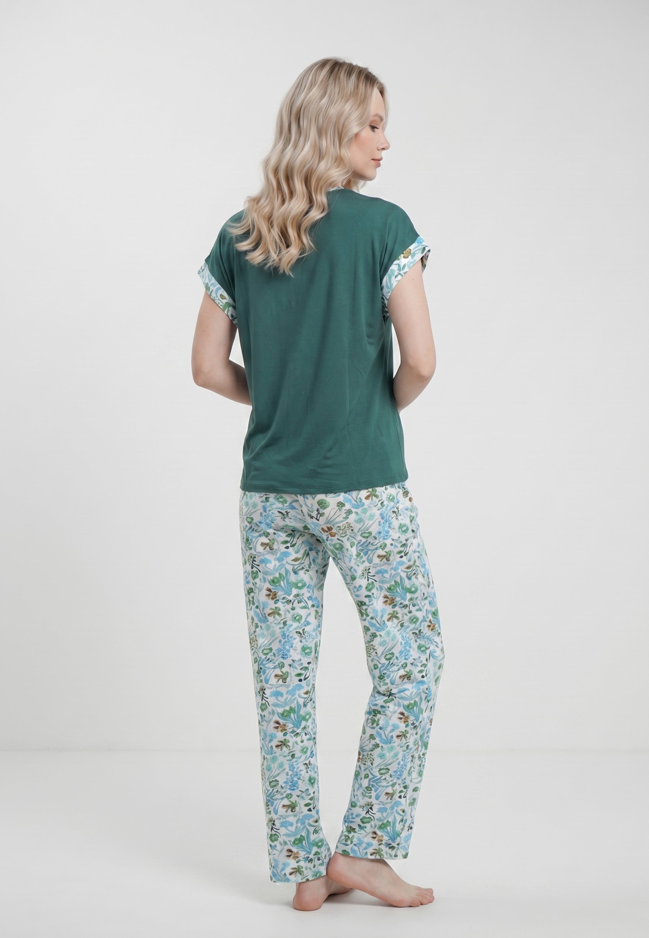 Ensemble Pyjama Femme Col Rond Revers Fleuris Pantalon Long
