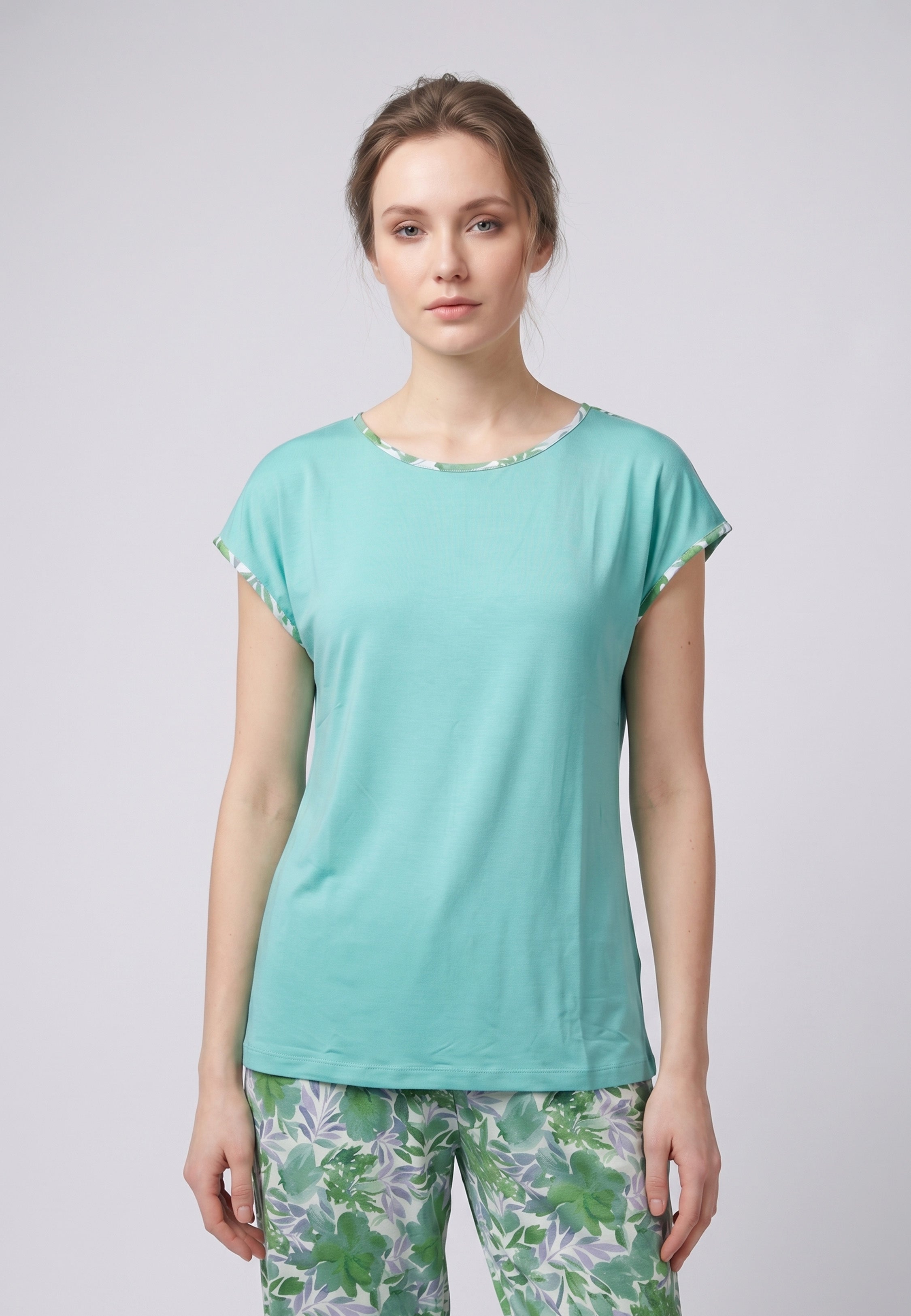 Pyjama T-Shirt Uni & Pantalon Fleuri